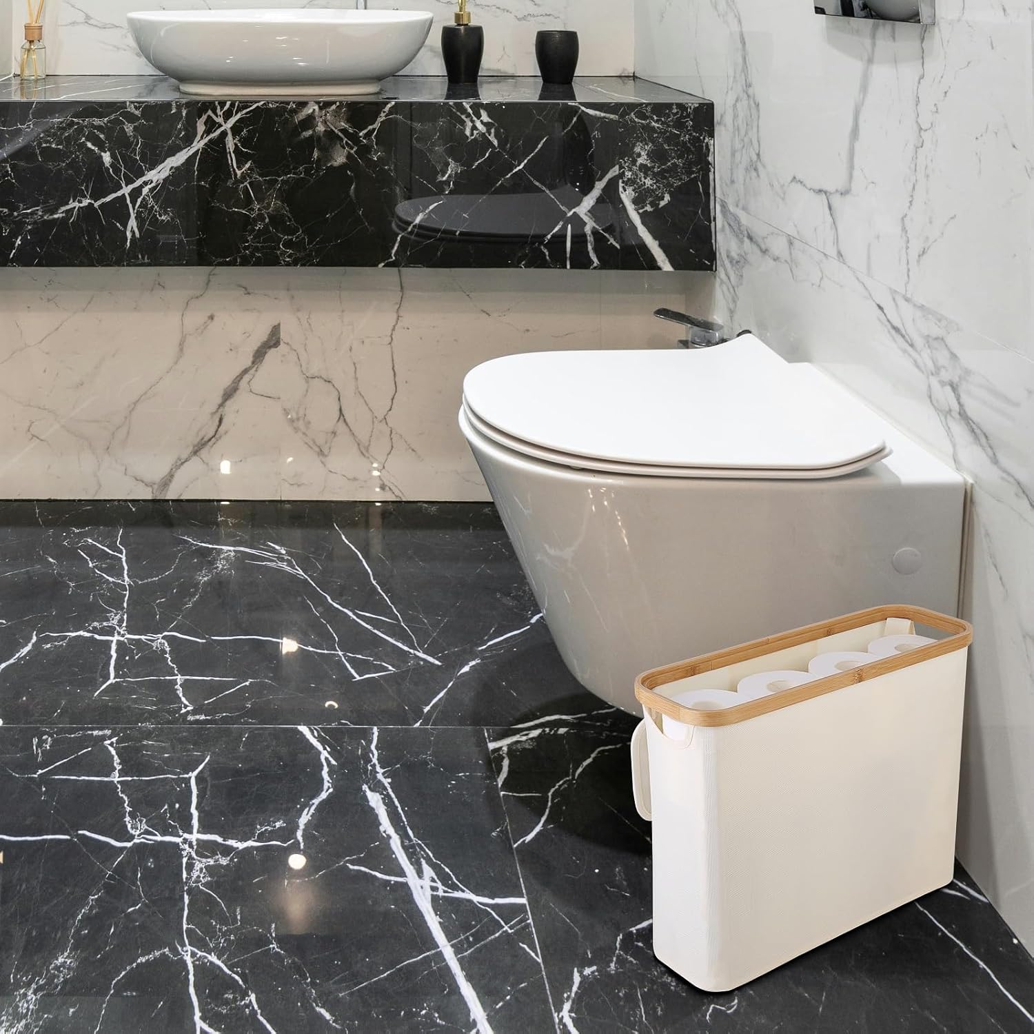 CARLA HOME Toilet Paper Storage Basket Holds Up to 12 Rolls with Bamboo Lid and Handle for RV Closet (White)