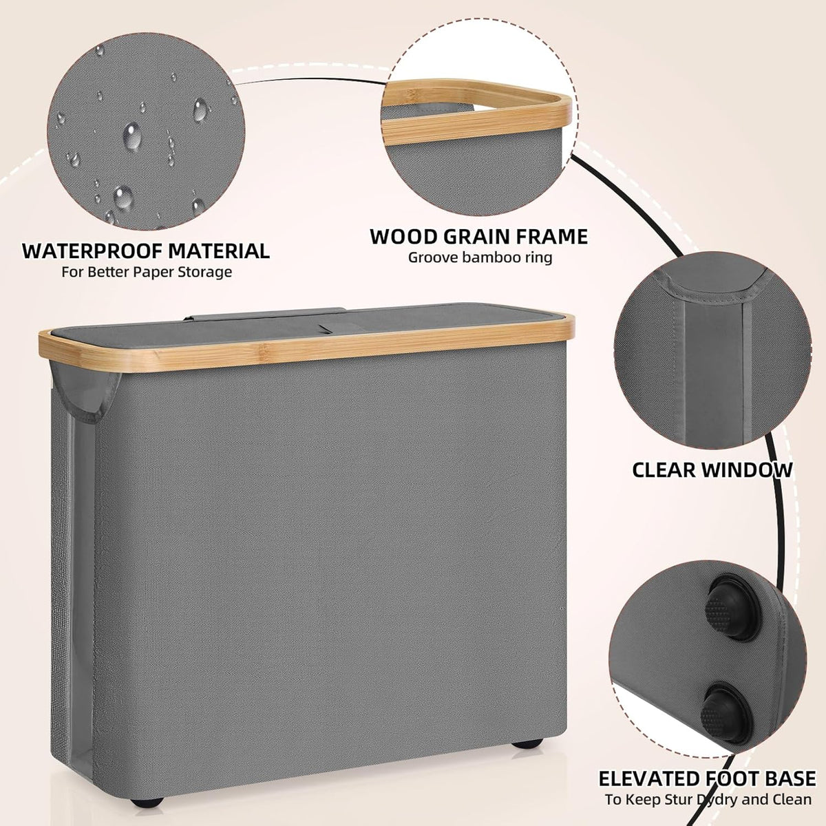 CARLA HOME Toilet Paper Storage Basket Holds Up to 12 Rolls with Bamboo Lid and Handle for RV Closet (Grey)