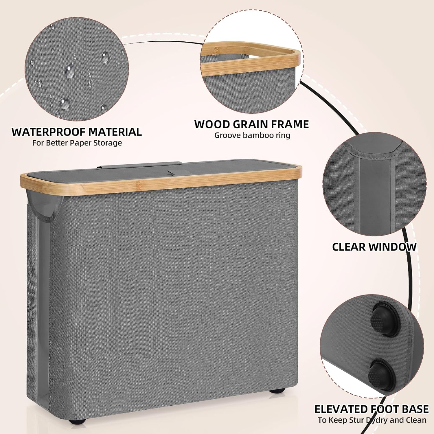 CARLA HOME Toilet Paper Storage Basket Holds Up to 12 Rolls with Bamboo Lid and Handle for RV Closet (Grey)