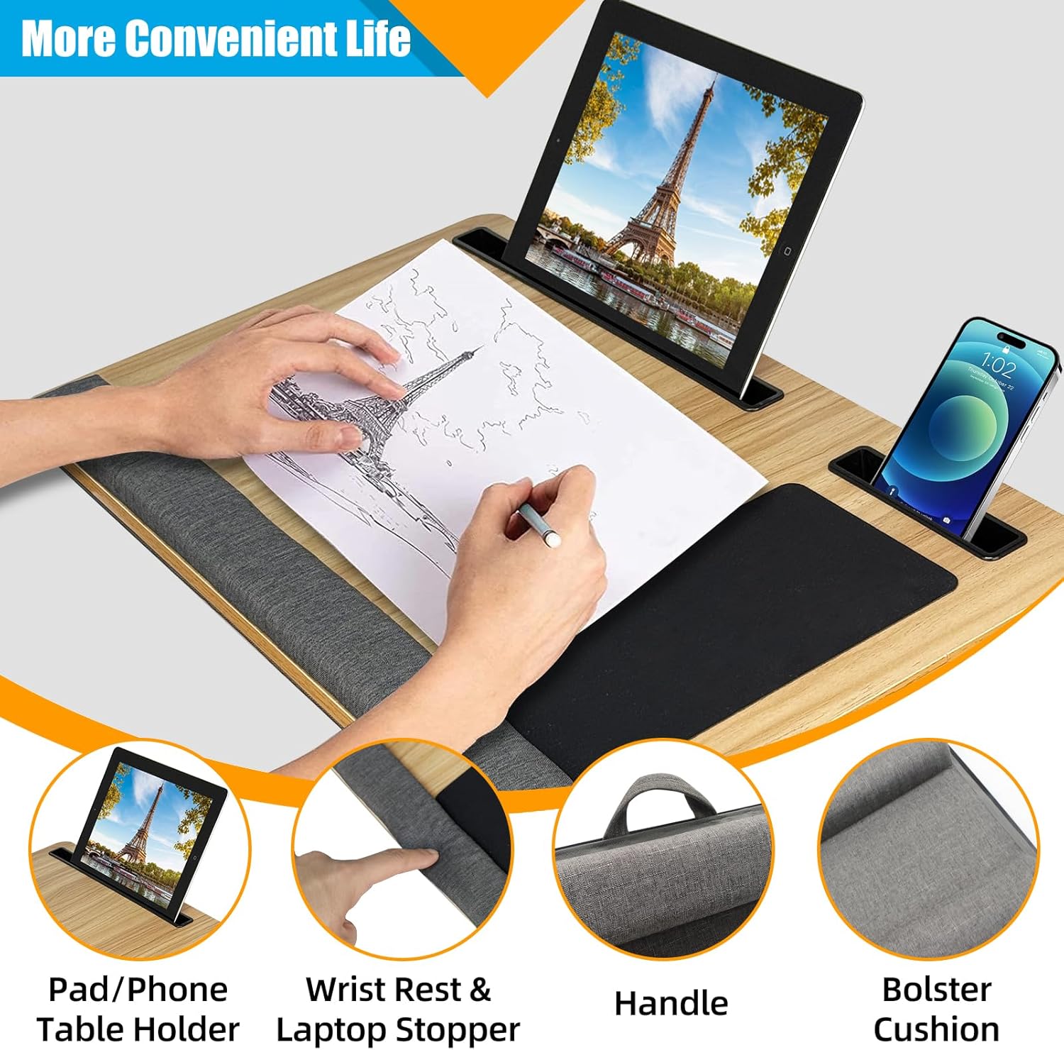 CARLA HOME Oversized Portable Lap Desk with Cushion,Mouse Pad, Tablet and Phone Holder which Fits Up to 17 Inch Laptops for Bed or Sofa (Brown)