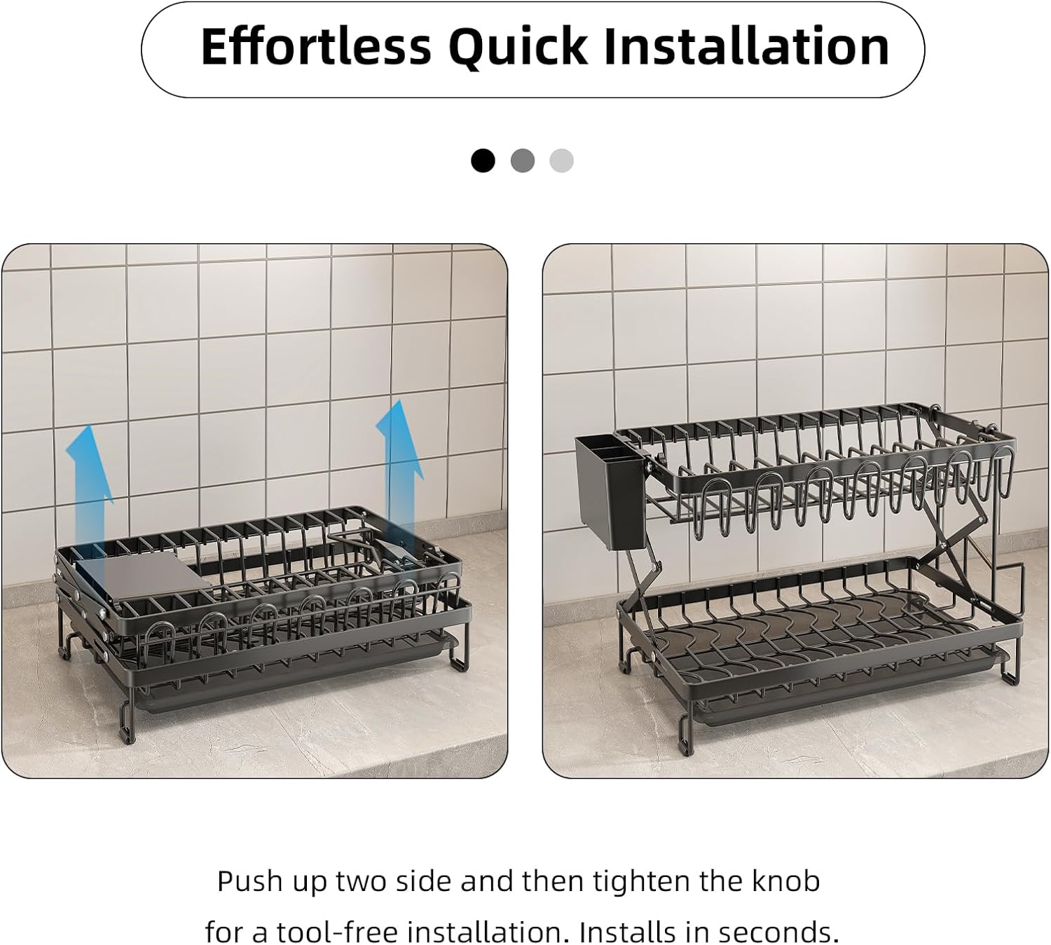 CARLA HOME 2-Tier Dish Drying Rack with Drainage Tray, Utensil Holder, Cup Hooks & Cutting Board Rack for Kitchen (Black)