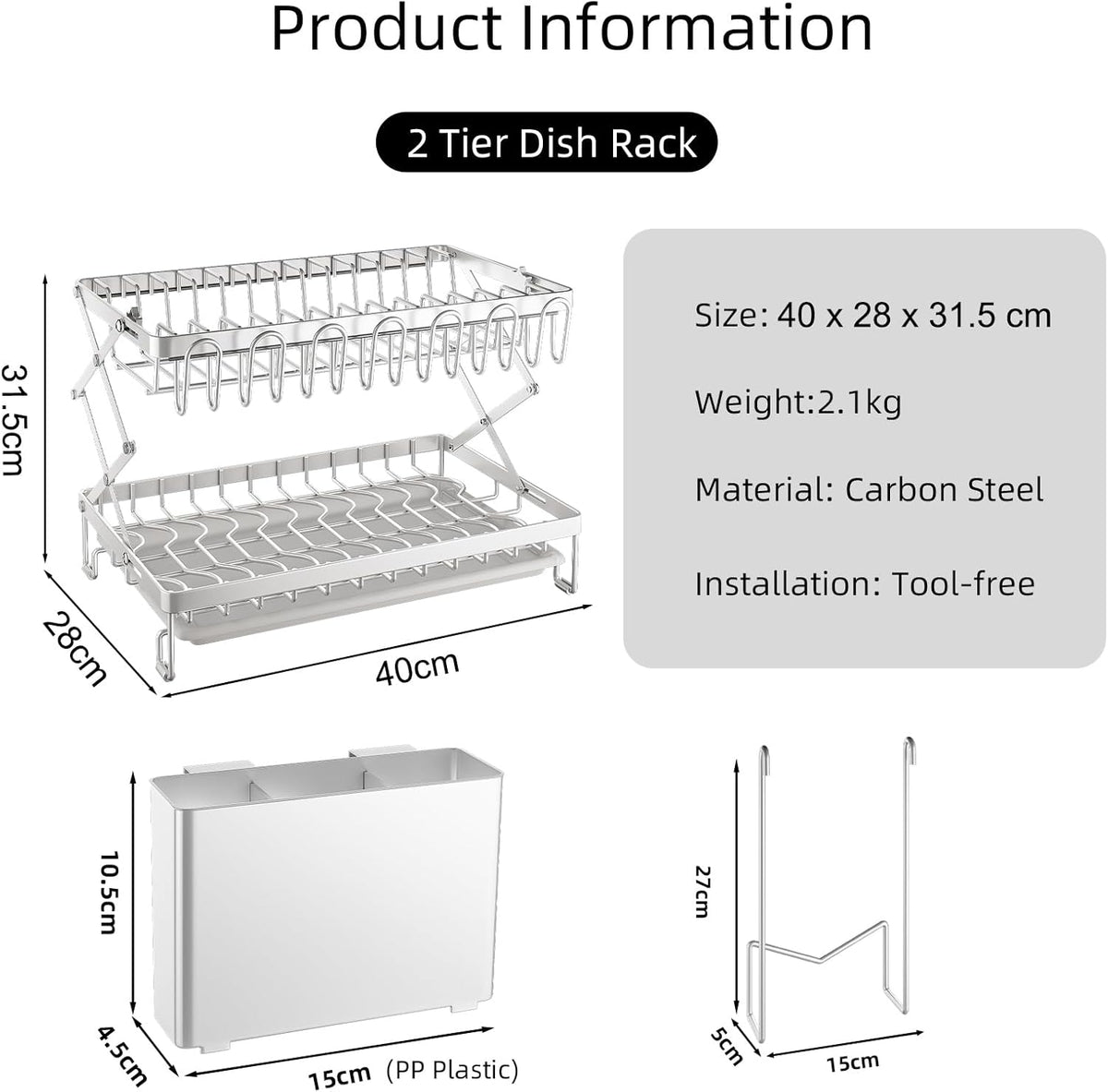 CARLA HOME 2-Tier Dish Drying Rack with Drainage Tray, Utensil Holder, Cup Hooks & Cutting Board Rack for Kitchen (White)