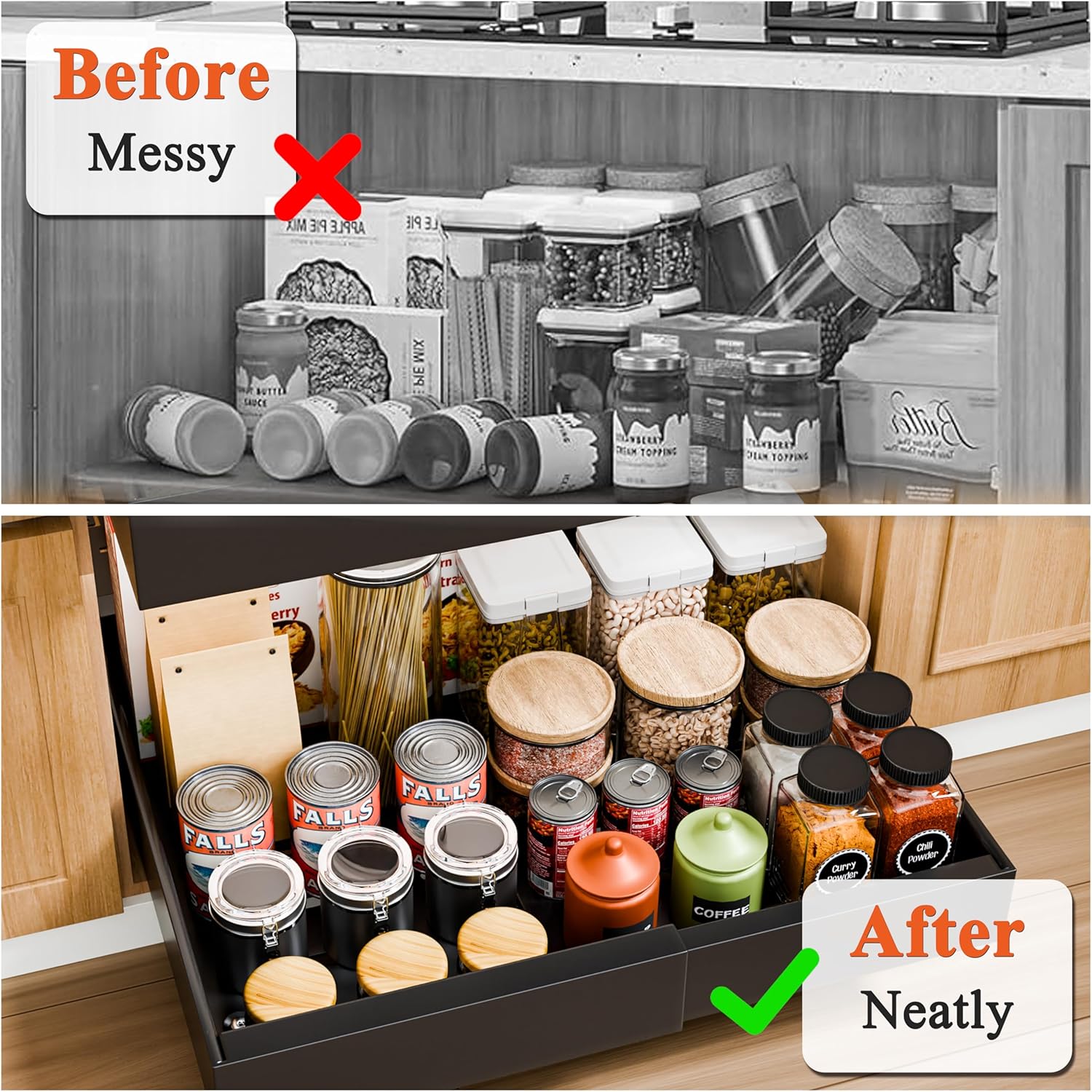 CARLA HOME Pack Pull Out Cabinet Organizer Expandable for Cabinets with Adjustable Slide Out Shelves and Easy Installation (Black)