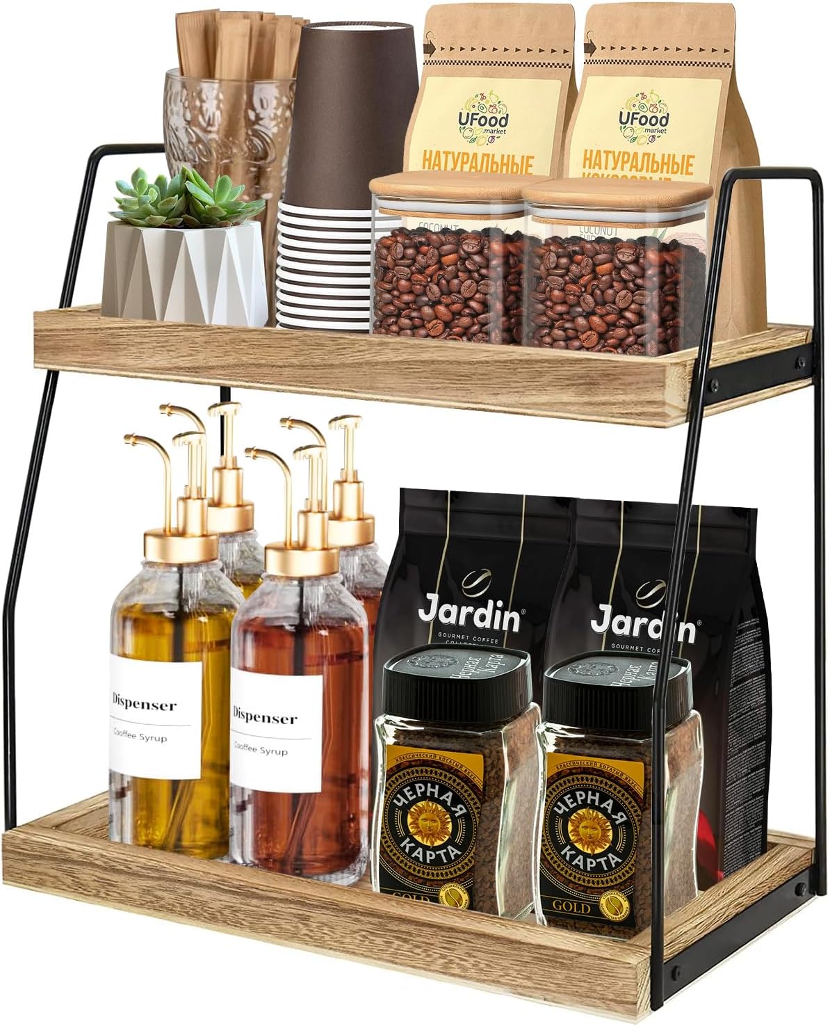 CARLA HOME 2-Tier Wooden Coffee Station Rack Organizer for Coffee Bar, Condiments, Syrups, Storage Jars &amp; Spice Storage Shelf