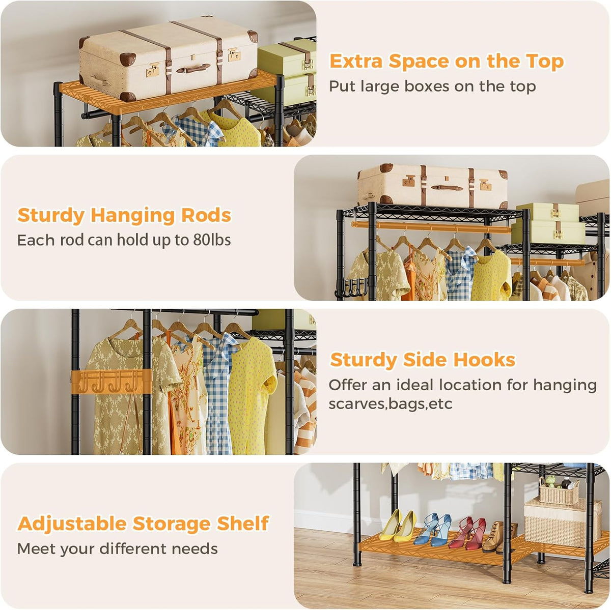 CARLA HOME Heavy Duty Clothing Garment Rack Organizer with Hanging Rods & Storage Shelves for Clothes, Shoes & Wardrobe