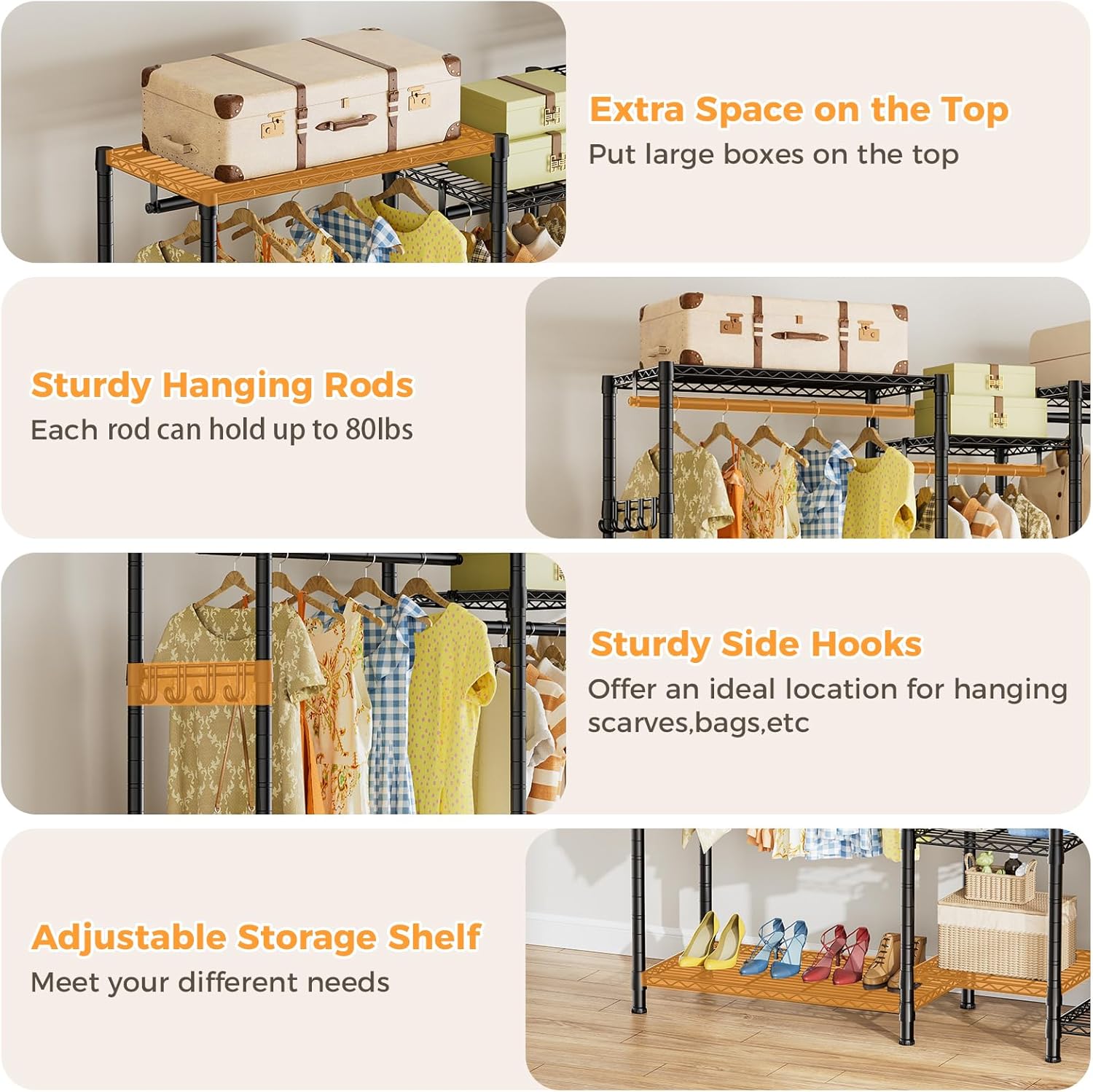 CARLA HOME Heavy Duty Clothing Garment Rack Organizer with Hanging Rods & Storage Shelves for Clothes, Shoes & Wardrobe