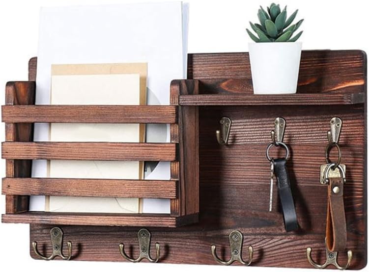 CARLA HOME Rustic Wood Wall Mounted Key and Mail Holder Organizer with Shelf, Letter Slot &amp; 6 Hooks for Entryway Decor Home