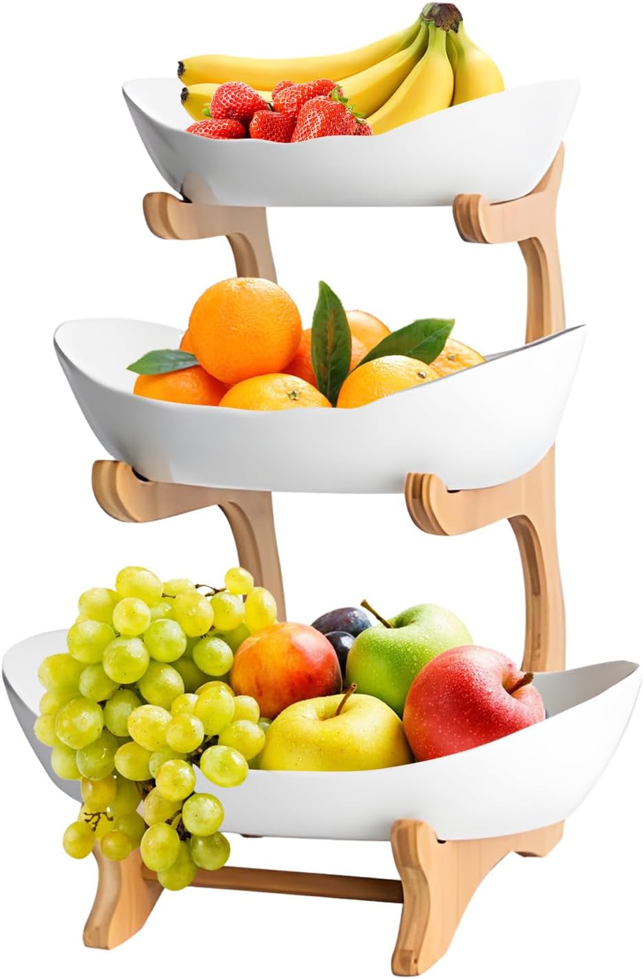 CARLA HOME 3-Tier Ceramic Fruit Bowl Basket with Bamboo Stand for Kitchen Counter, Snack Tray, Dessert Server & Vegetable Storage Rack