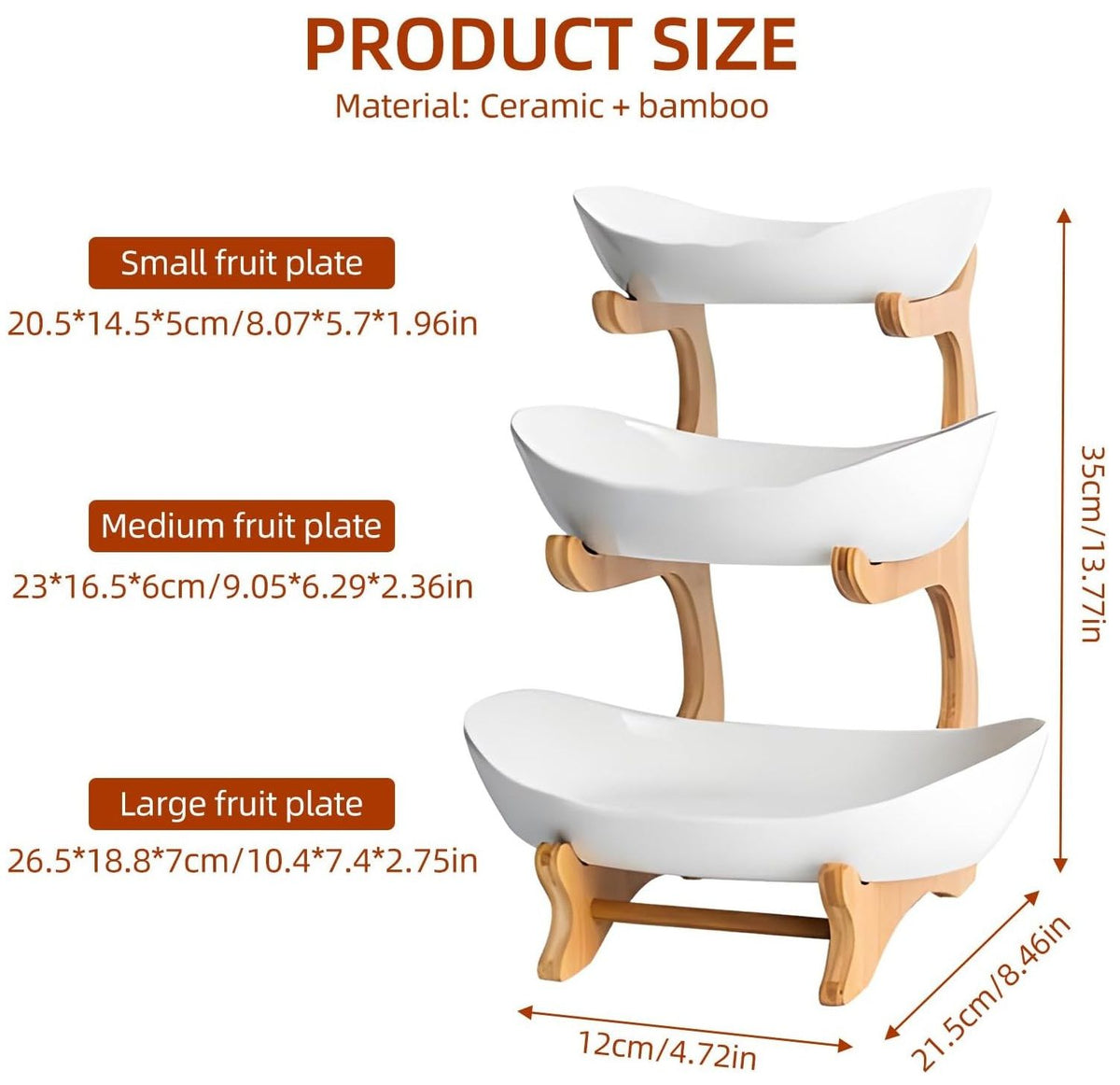 CARLA HOME 3-Tier Ceramic Fruit Bowl Basket with Bamboo Stand for Kitchen Counter, Snack Tray, Dessert Server & Vegetable Storage Rack