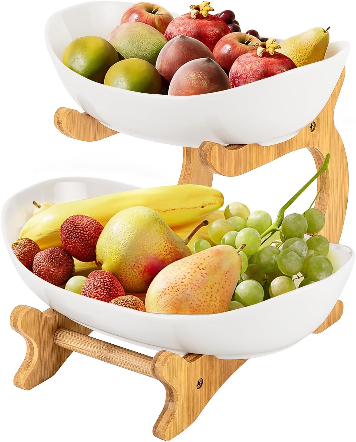 CARLA HOME 2-Tier Ceramic Fruit Bowl Basket with Bamboo Stand for Kitchen Counter, Snack Tray, Dessert Server &amp; Vegetable Storage Rack
