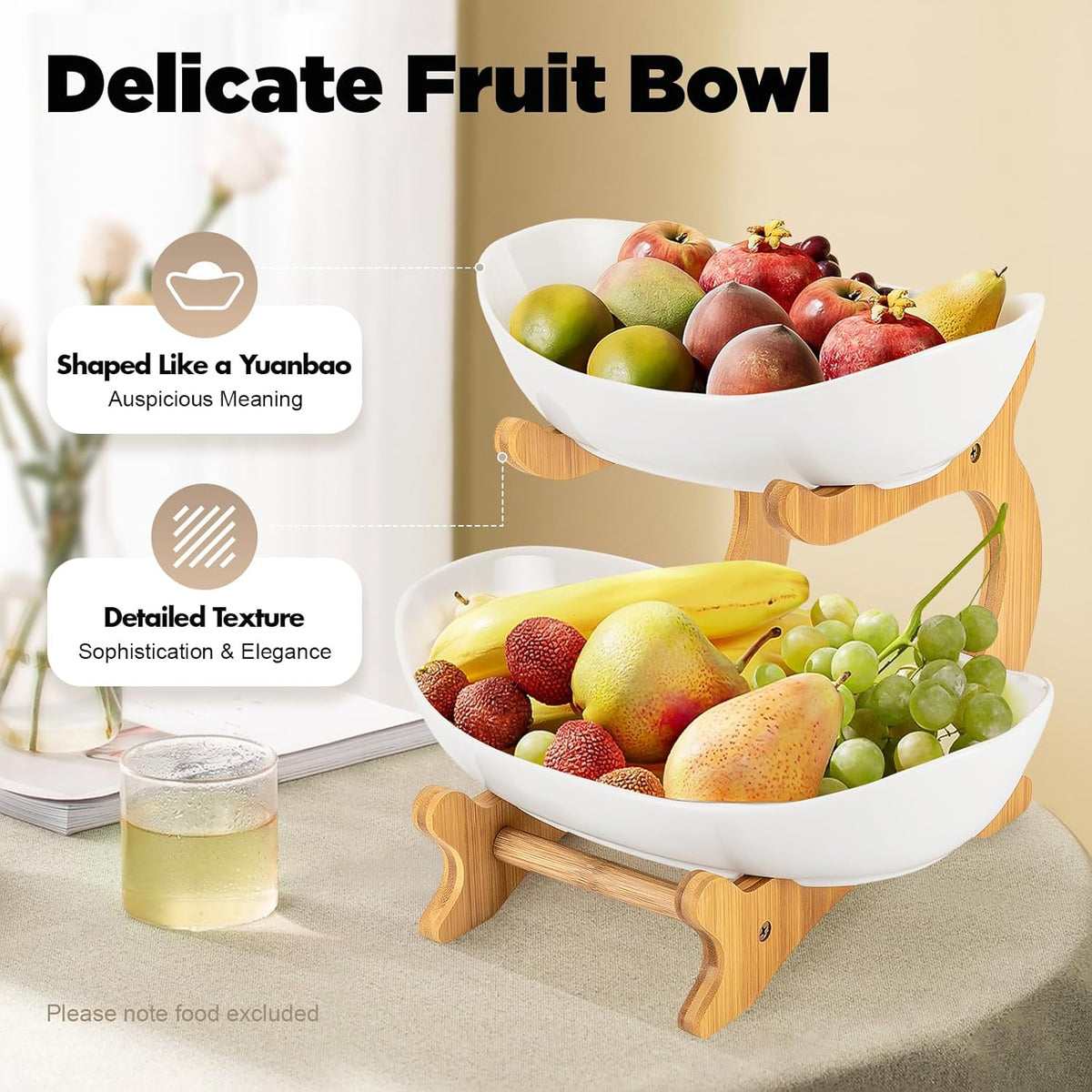 CARLA HOME 2-Tier Ceramic Fruit Bowl Basket with Bamboo Stand for Kitchen Counter, Snack Tray, Dessert Server & Vegetable Storage Rack