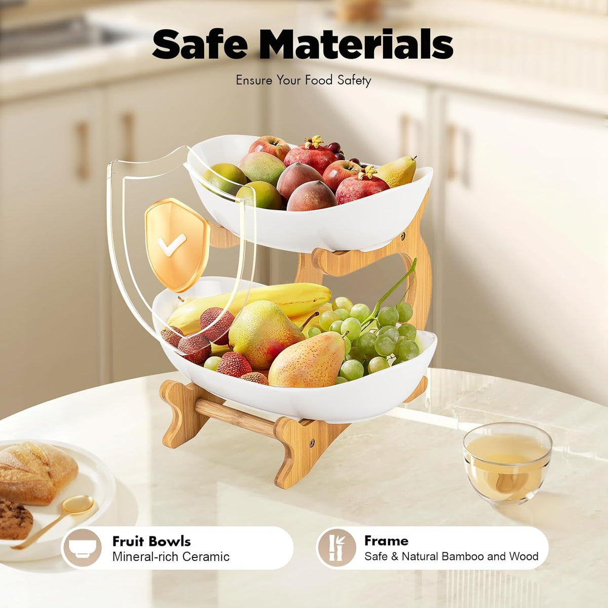 CARLA HOME 2-Tier Ceramic Fruit Bowl Basket with Bamboo Stand for Kitchen Counter, Snack Tray, Dessert Server & Vegetable Storage Rack