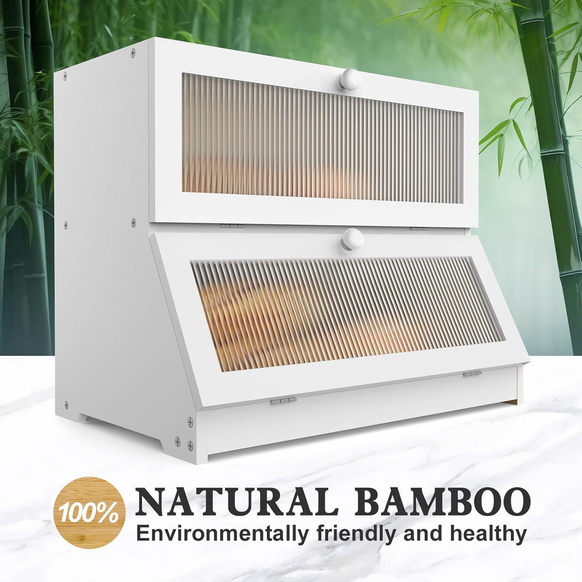 CARLA HOME Double Layer Bamboo Bread Box for Kitchen Counter - Large Capacity Bread Storage Container with Clear Window, Easy Assembly, Farmhouse Style Bread Holder (White)