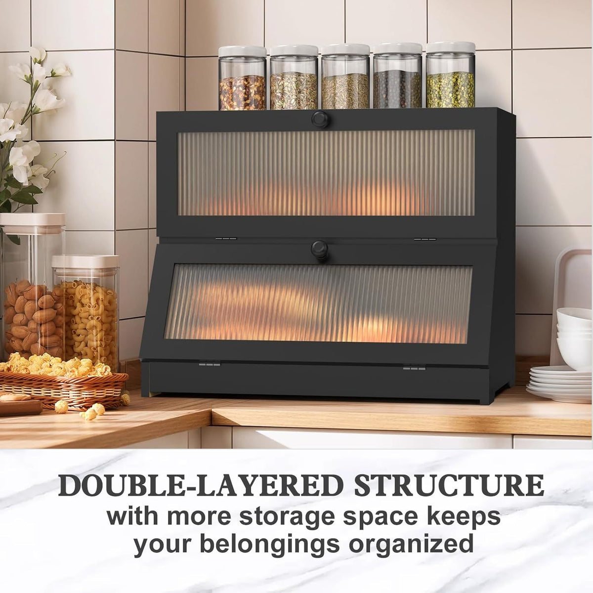 CARLA HOME Double Layer Bamboo Bread Box for Kitchen Counter - Large Capacity Bread Storage Container with Clear Window, Easy Assembly, Farmhouse Style Bread Holder (Black)