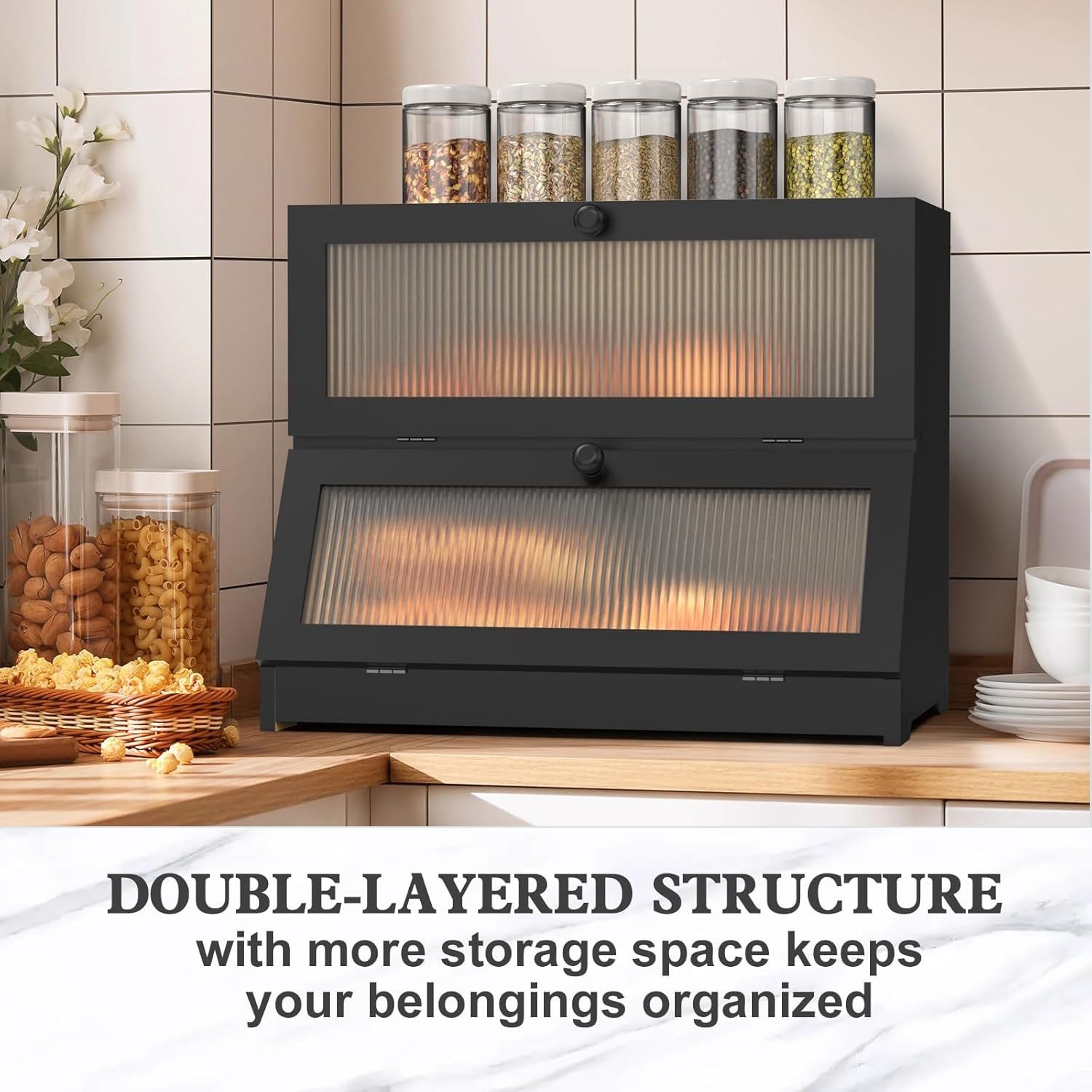 CARLA HOME Double Layer Bamboo Bread Box for Kitchen Counter - Large Capacity Bread Storage Container with Clear Window, Easy Assembly, Farmhouse Style Bread Holder (Black)