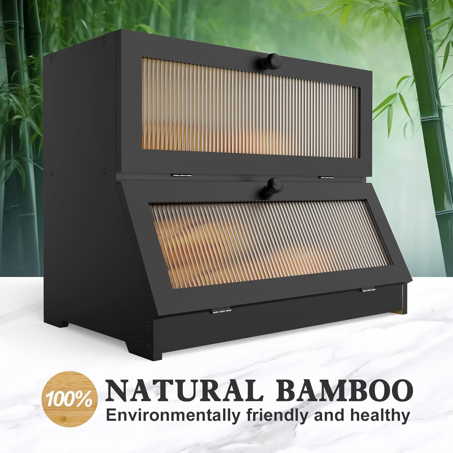 CARLA HOME Double Layer Bamboo Bread Box for Kitchen Counter - Large Capacity Bread Storage Container with Clear Window, Easy Assembly, Farmhouse Style Bread Holder (Black)