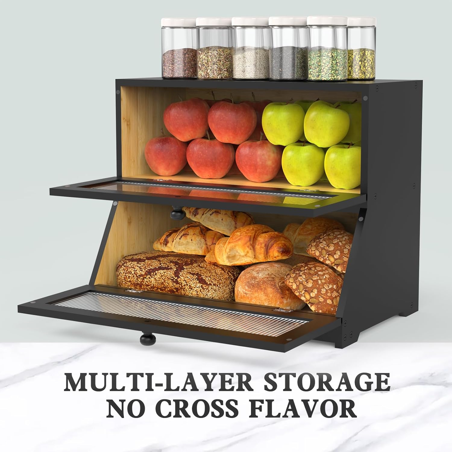 CARLA HOME Double Layer Bamboo Bread Box for Kitchen Counter - Large Capacity Bread Storage Container with Clear Window, Easy Assembly, Farmhouse Style Bread Holder (Black)