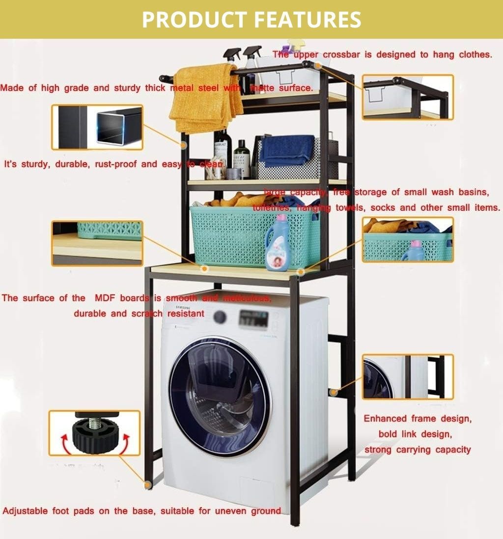 CARLA HOME 3-Tier Over Washing Machine Storage Rack Laundry Shelf Organizer for Bathroom or Toilet (Black)