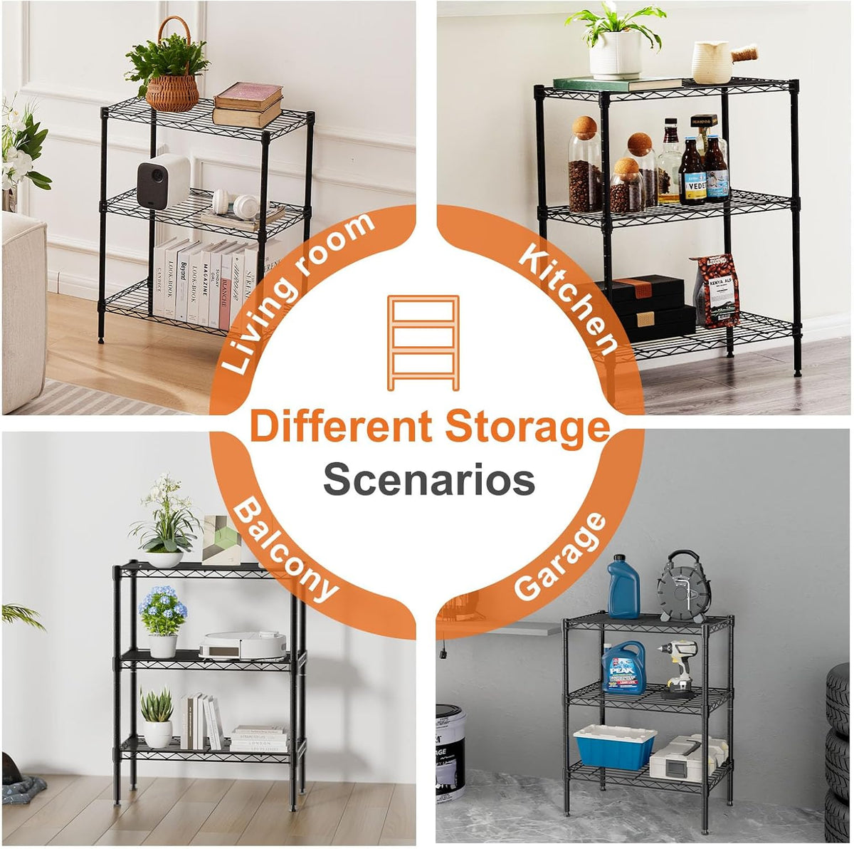 CARLA HOME 3-Tier Adjustable Metal Storage Shelves Wire Rack Organizer for Kitchen, Pantry, Bathroom or Laundry Room (60cm W x 35cm D x 103cm H)