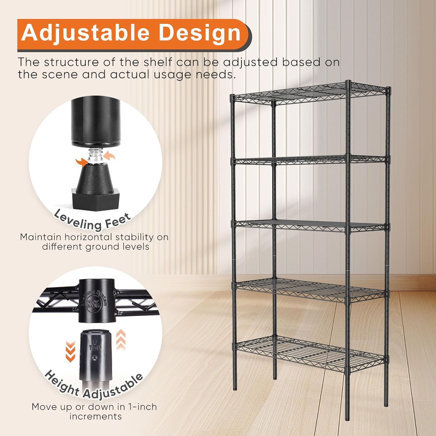 CARLA HOME 5-Tier Adjustable Metal Storage Shelves Wire Rack Organizer for Kitchen, Pantry, Bathroom or Laundry Room (60cm W x 40cm D x 176cm H)