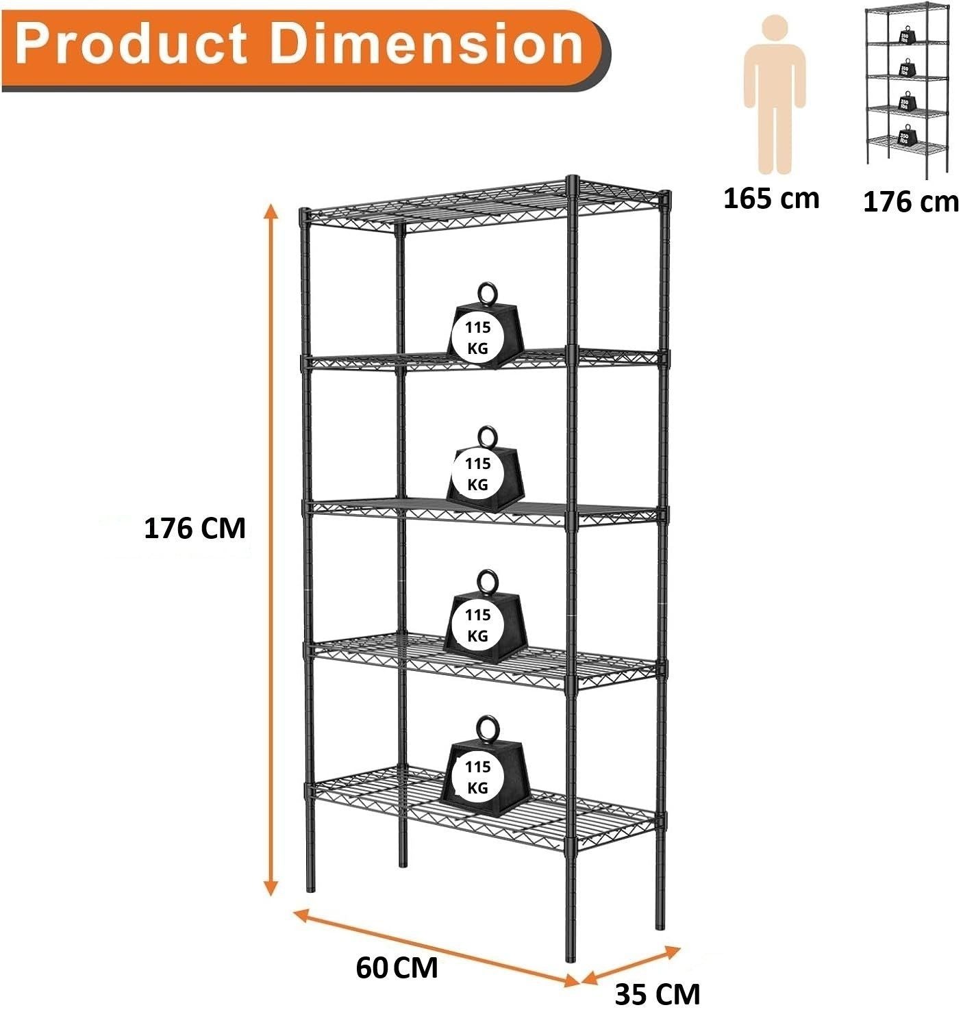 CARLA HOME 5-Tier Adjustable Metal Storage Shelves Wire Rack Organizer for Kitchen, Pantry, Bathroom or Laundry Room (60cm W x 40cm D x 176cm H)