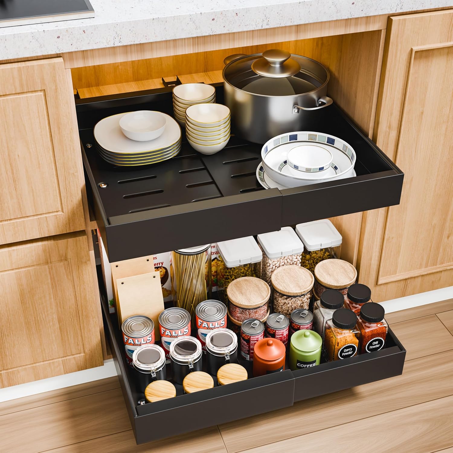 CARLA HOME 2 Pack Pull Out Cabinet Organizer Expandable for Cabinets with Adjustable Slide Out Shelves and Easy Installation (Black)