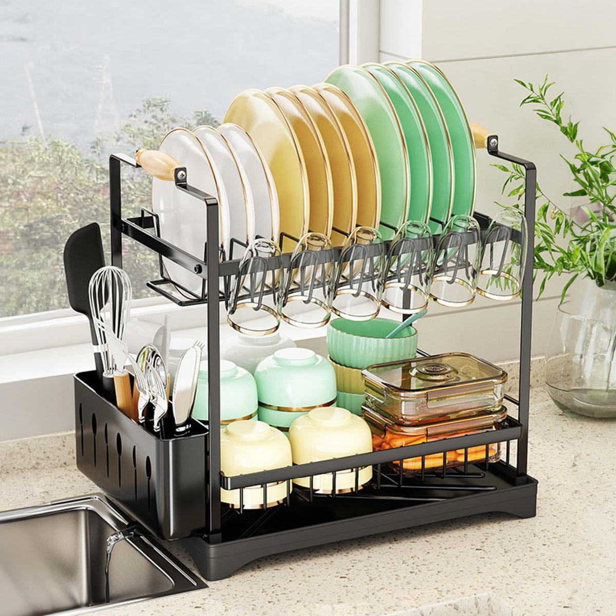 CARLA HOME 2-Tier Large Dish Drying Rack with Drainboard, Utensil Holder, Glass Hooks &amp; Cutlery Storage (Black)