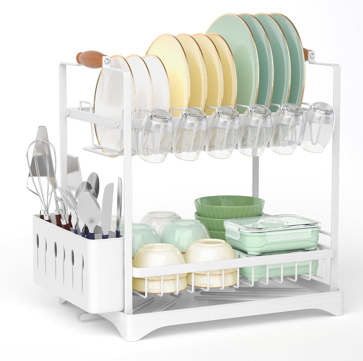 CARLA HOME 2-Tier Large Dish Drying Rack with Drainboard, Utensil Holder, Glass Hooks &amp; Cutlery Storage (White)