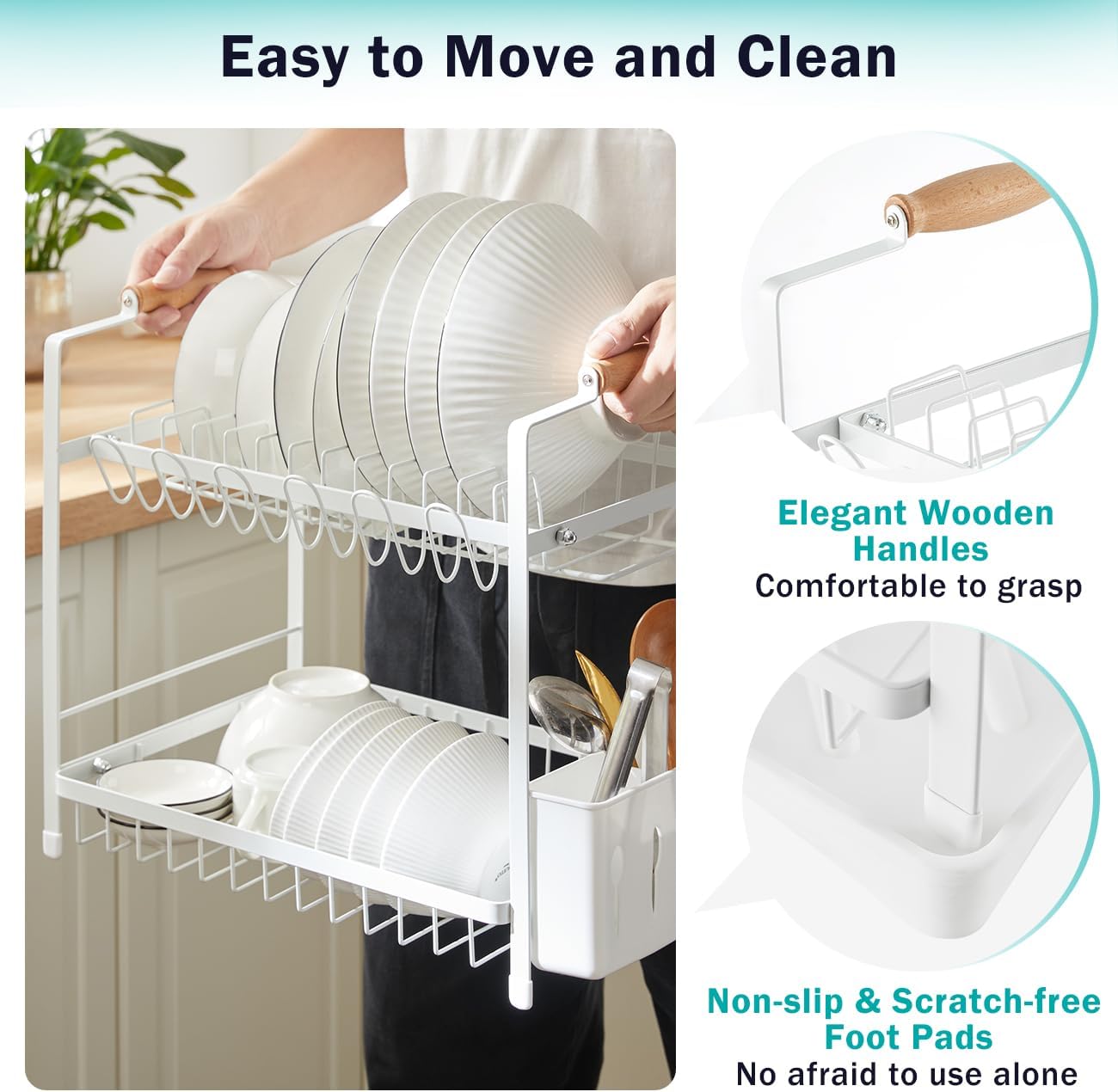 CARLA HOME 2-Tier Large Dish Drying Rack with Drainboard, Utensil Holder, Glass Hooks & Cutlery Storage (White)