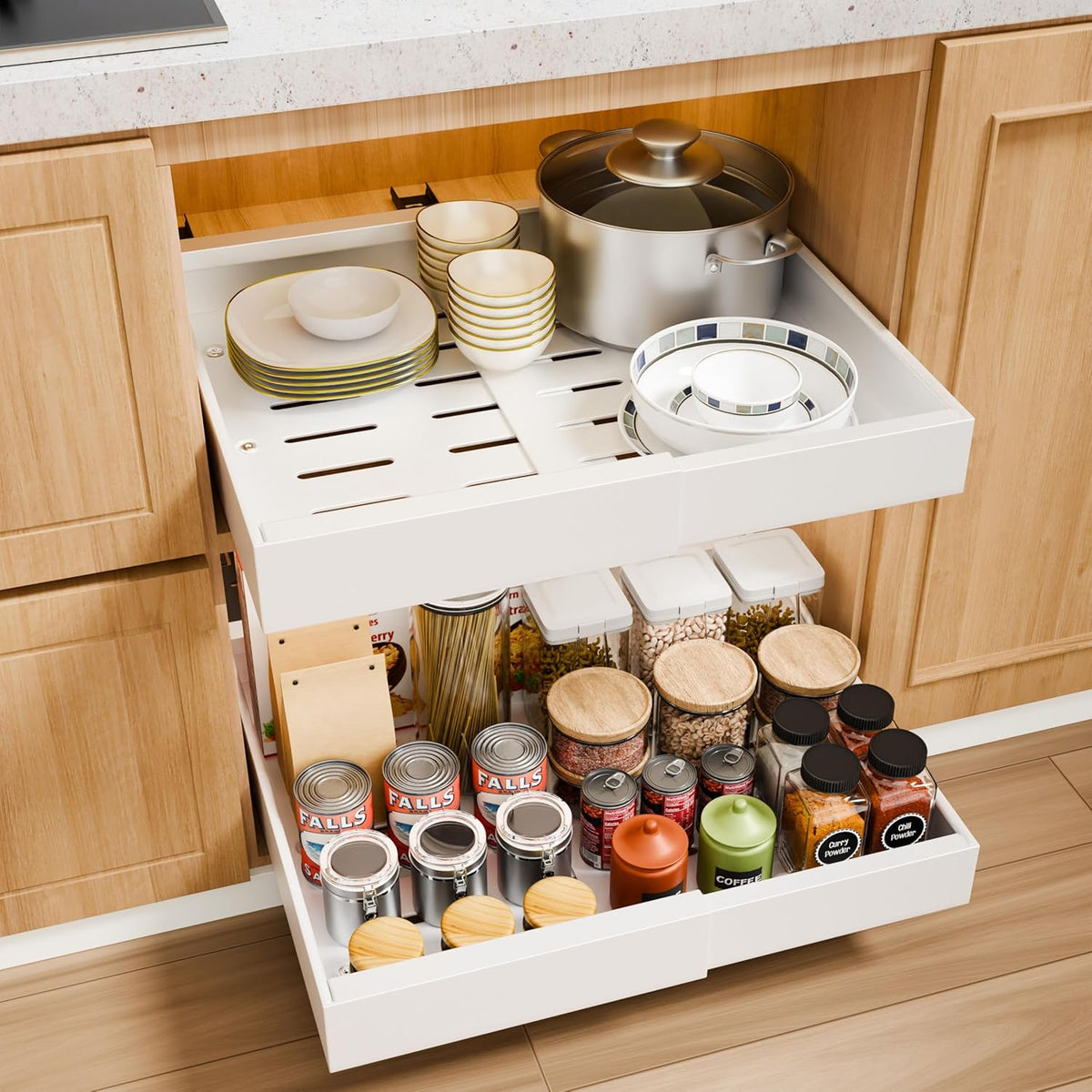 CARLA HOME 2 Pack Pull Out Cabinet Organizer Expandable for Cabinets with Adjustable Slide Out Shelves and Easy Installation (White)