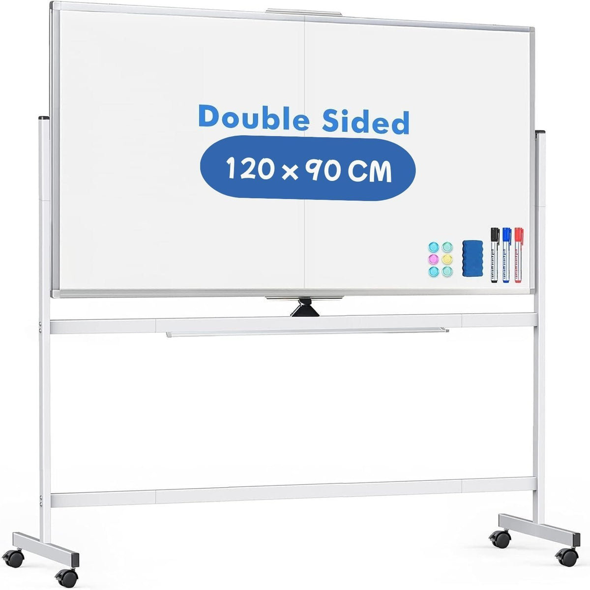 CARLA HOME Double-Sided Magnetic Whiteboard 120x90cm with Wheels, Reversible Design for School, Office &amp; Home