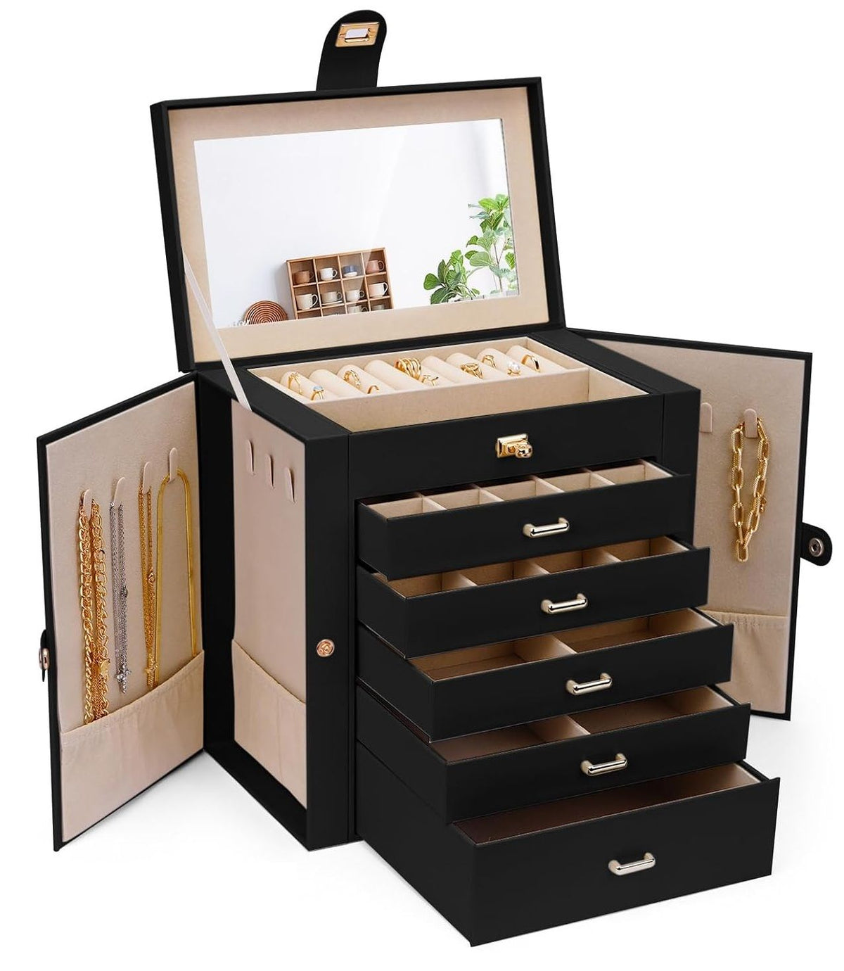 CARLA HOME 6-Layer Large Jewelry Box for Women withDrawers, Mirror, Lock, Necklace Hooks &amp; Side Compartments for Rings, Earrings, Bracelets, Gifts (Black)