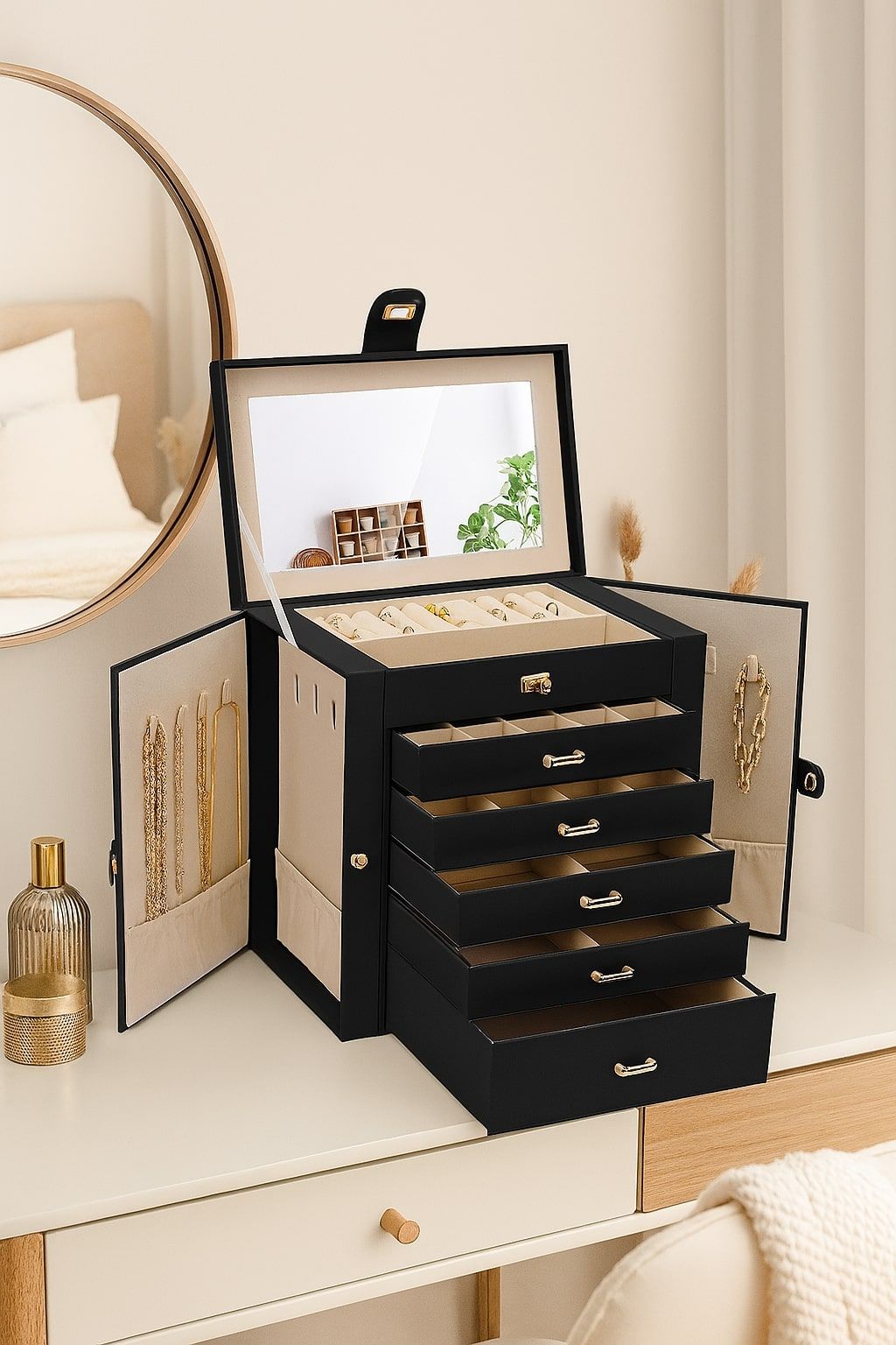 CARLA HOME 6-Layer Large Jewelry Box for Women withDrawers, Mirror, Lock, Necklace Hooks & Side Compartments for Rings, Earrings, Bracelets, Gifts (Black)