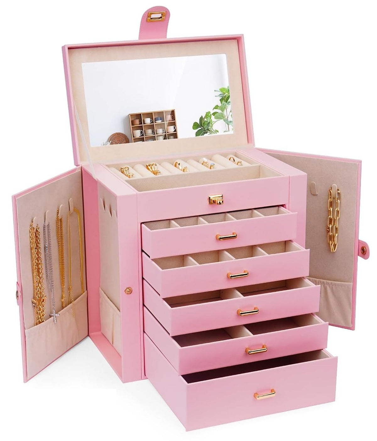 CARLA HOME 6-Layer Large Jewelry Box for Women withDrawers, Mirror, Lock, Necklace Hooks &amp; Side Compartments for Rings, Earrings, Bracelets, Gifts (Pink)