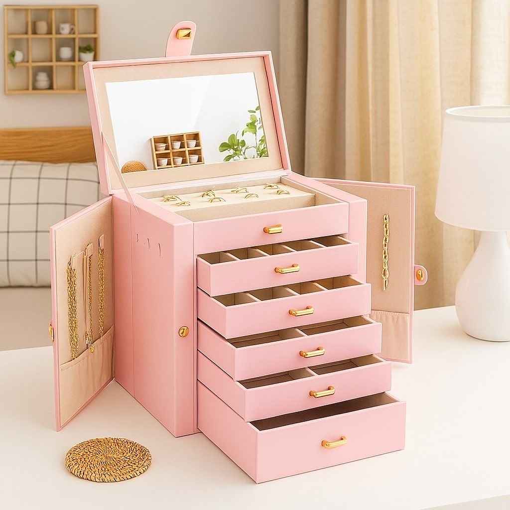 CARLA HOME 6-Layer Large Jewelry Box for Women withDrawers, Mirror, Lock, Necklace Hooks & Side Compartments for Rings, Earrings, Bracelets, Gifts (Pink)
