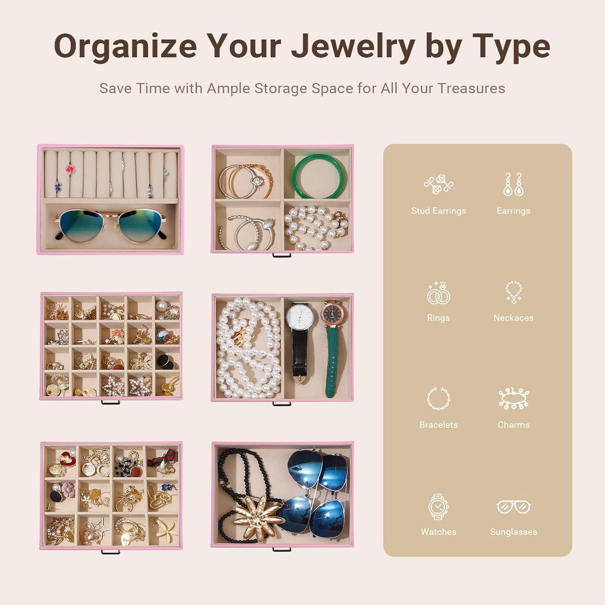 CARLA HOME 6-Layer Large Jewelry Box for Women withDrawers, Mirror, Lock, Necklace Hooks & Side Compartments for Rings, Earrings, Bracelets, Gifts (Pink)