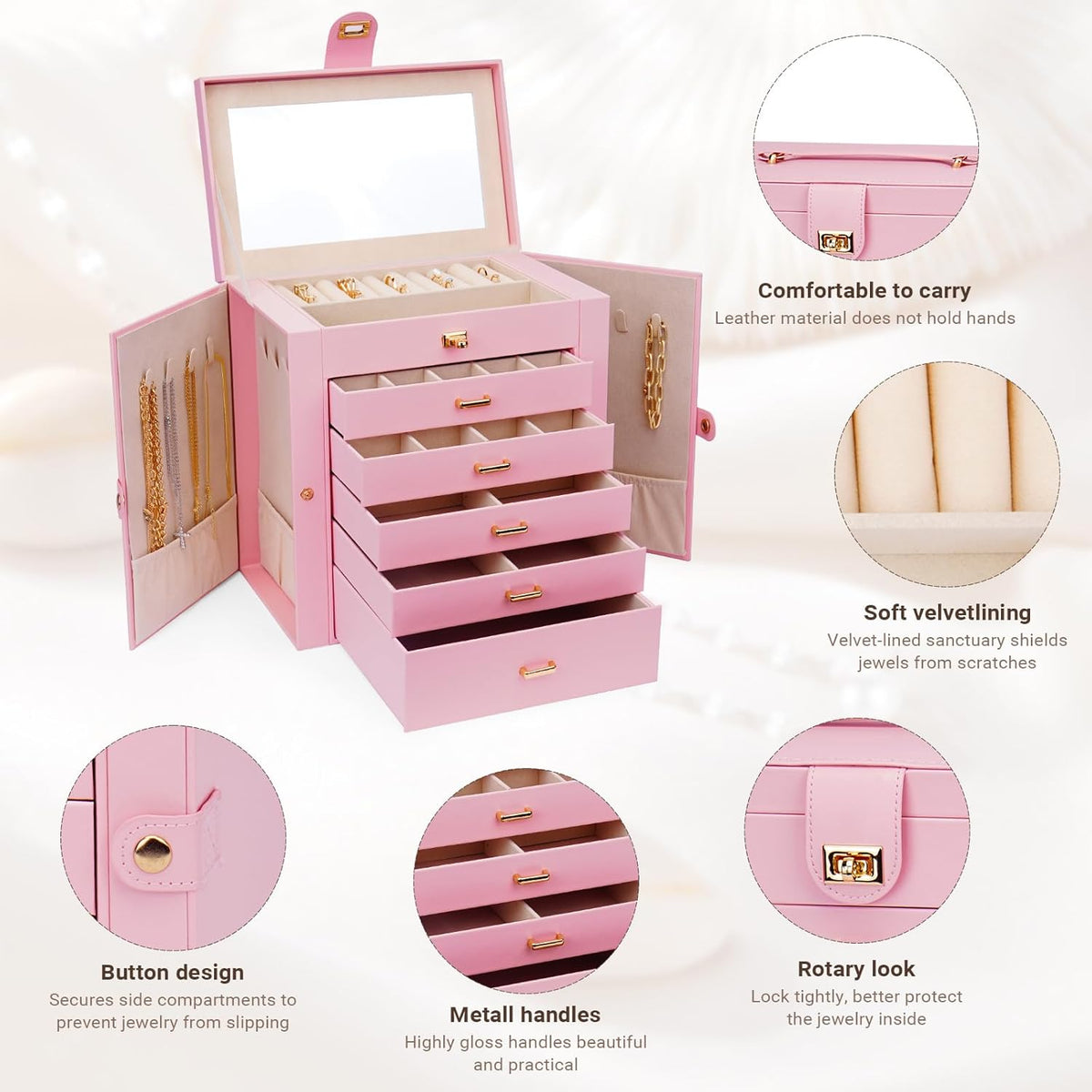 CARLA HOME 6-Layer Large Jewelry Box for Women withDrawers, Mirror, Lock, Necklace Hooks & Side Compartments for Rings, Earrings, Bracelets, Gifts (Pink)