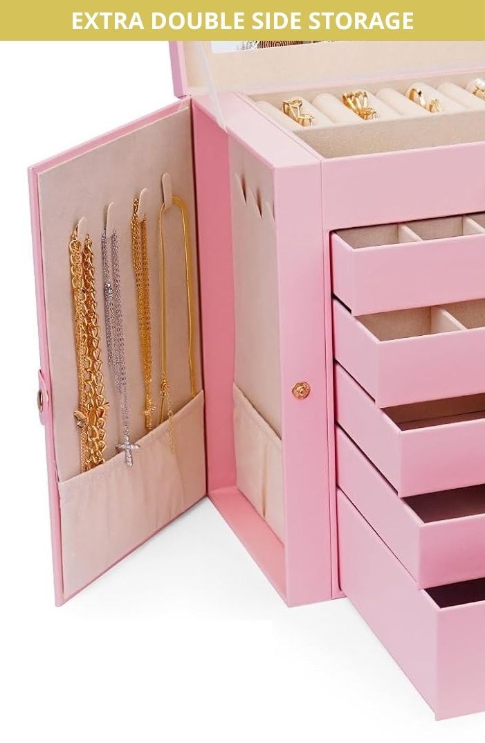 CARLA HOME 6-Layer Large Jewelry Box for Women withDrawers, Mirror, Lock, Necklace Hooks & Side Compartments for Rings, Earrings, Bracelets, Gifts (Pink)