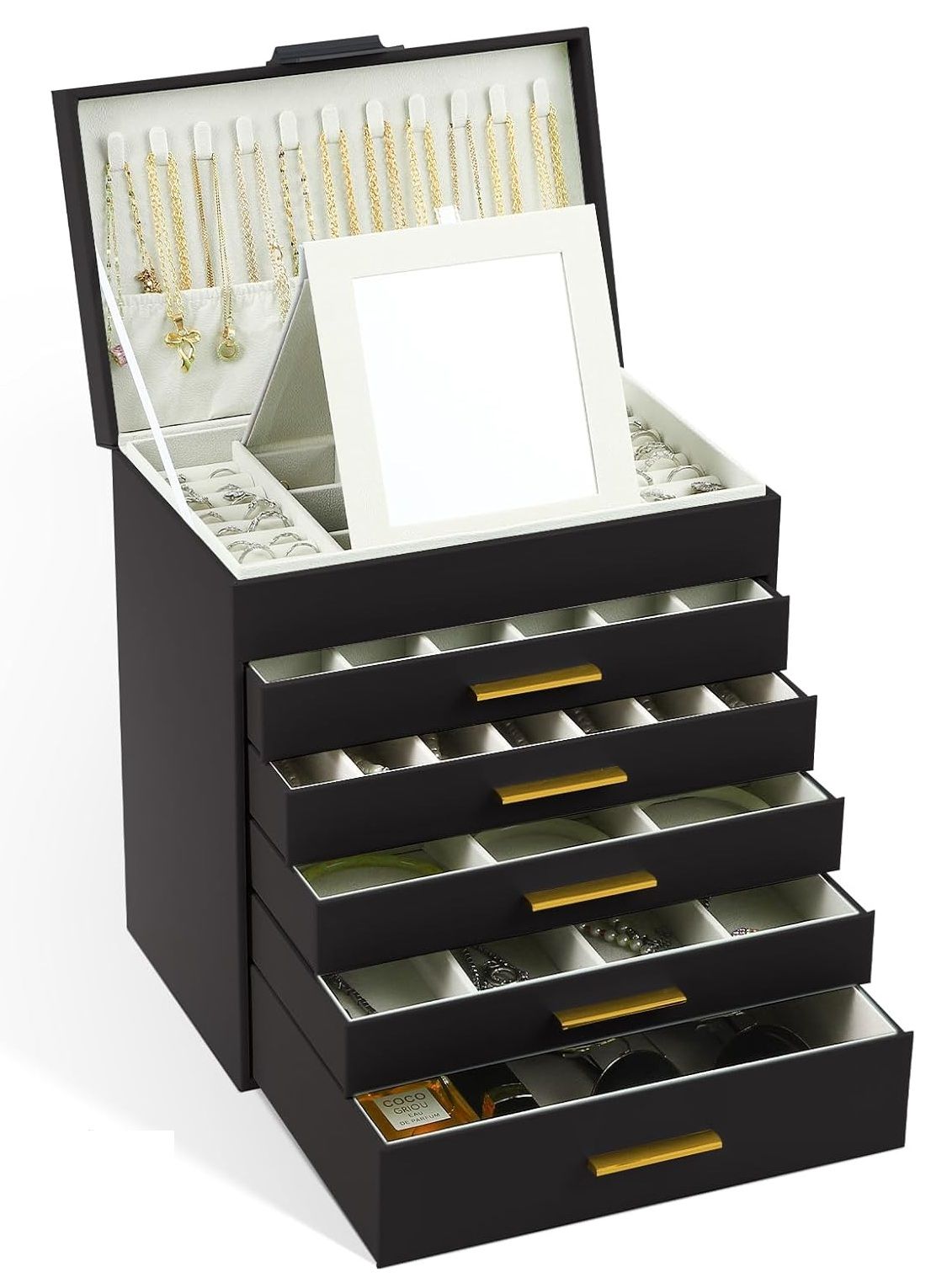 CARLA HOME  6-Layer Large Jewelry Organizer Box for Women with Mirror, Drawers, Hooks &amp; Dividers for Rings, Necklaces, Bracelets, Ideal Gift for Women (Black)
