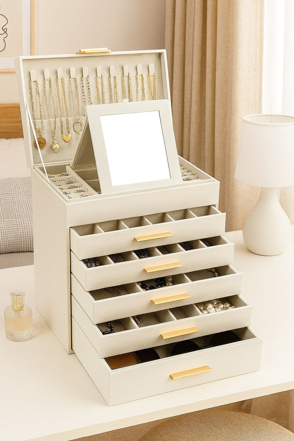 CARLA HOME  6-Layer Large Jewelry Organizer Box for Women with Mirror, Drawers, Hooks &amp; Dividers for Rings, Necklaces, Bracelets, Ideal Gift for Women (White)