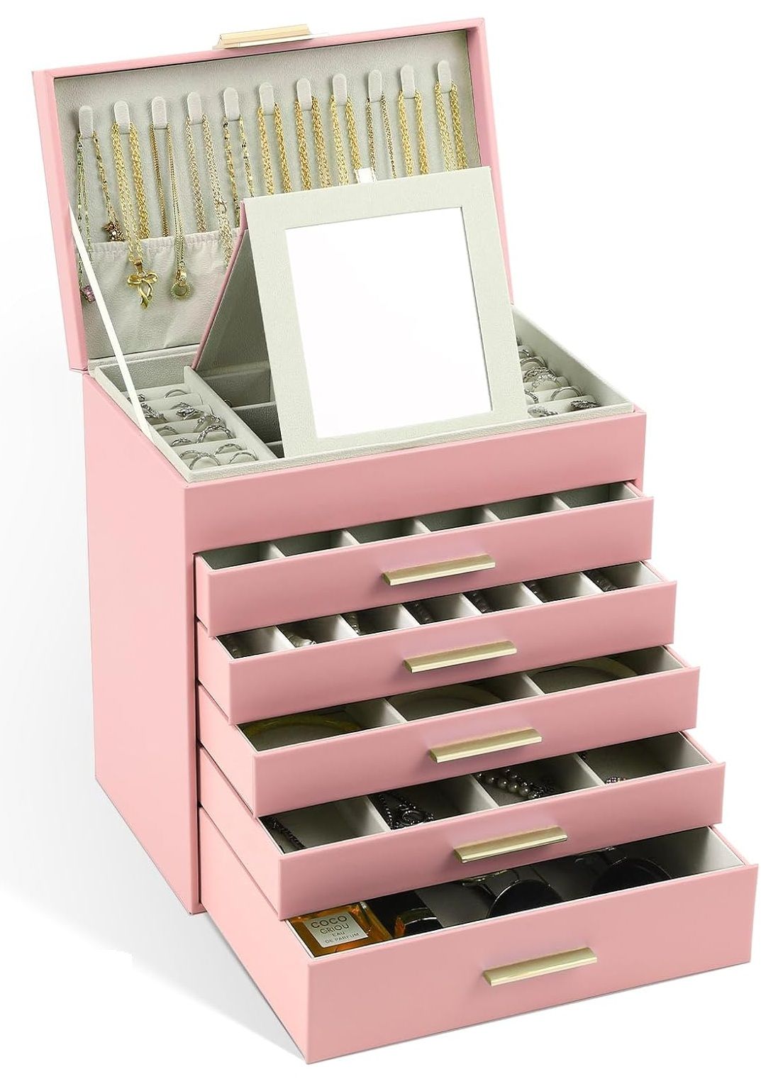 CARLA HOME  6-Layer Large Jewelry Organizer Box for Women with Mirror, Drawers, Hooks &amp; Dividers for Rings, Necklaces, Bracelets, Ideal Gift for Women (Pink)