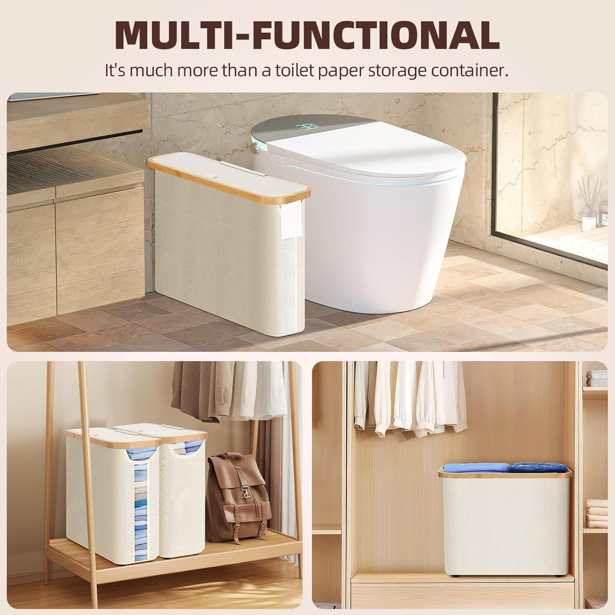 CARLA HOME 2 Pack Toilet Paper Storage Basket Holds Up to 12 Rolls with Bamboo Lid and Handle for RV Closet (White)