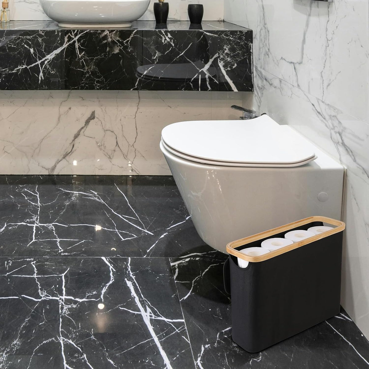 CARLA HOME 2 pack Toilet Paper Storage Basket Holds Up to 12 Rolls with Bamboo Lid and Handle for RV Closet (Black)