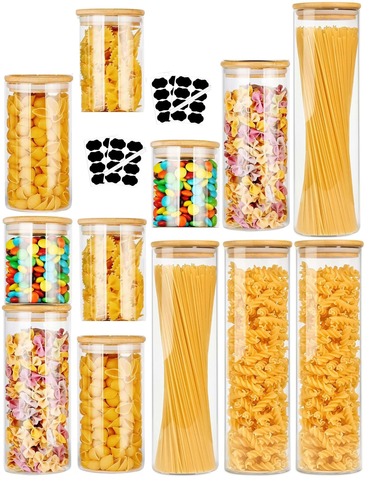 CARLA HOME 12 Pack Glass Storage Jars with Bamboo Lids for Kitchen Pantry, Pasta, Snacks, Cookies, Candy &amp; More