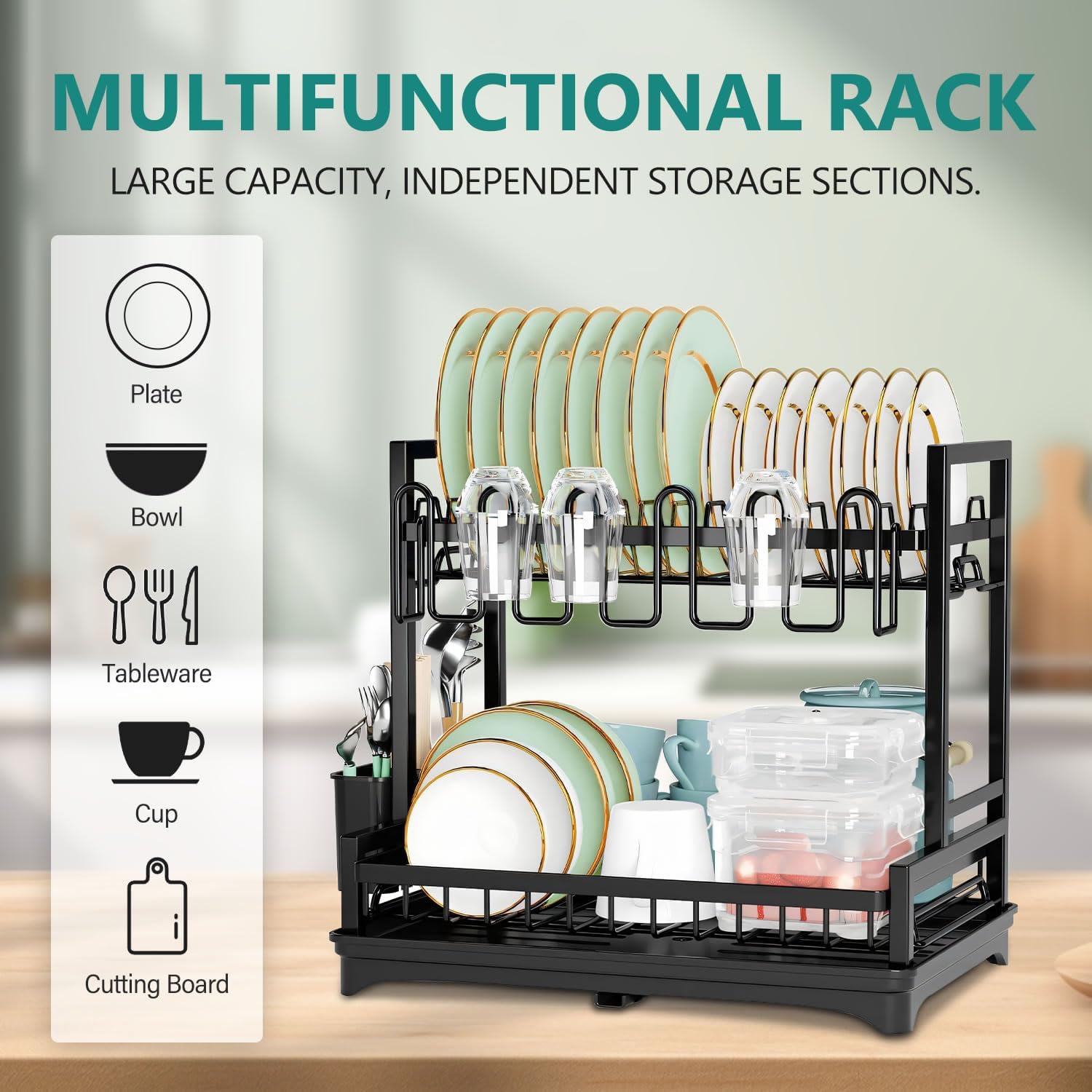CARLA HOME Dish Drying Rack 2-Tier Kitchen Drainer with Drainboard