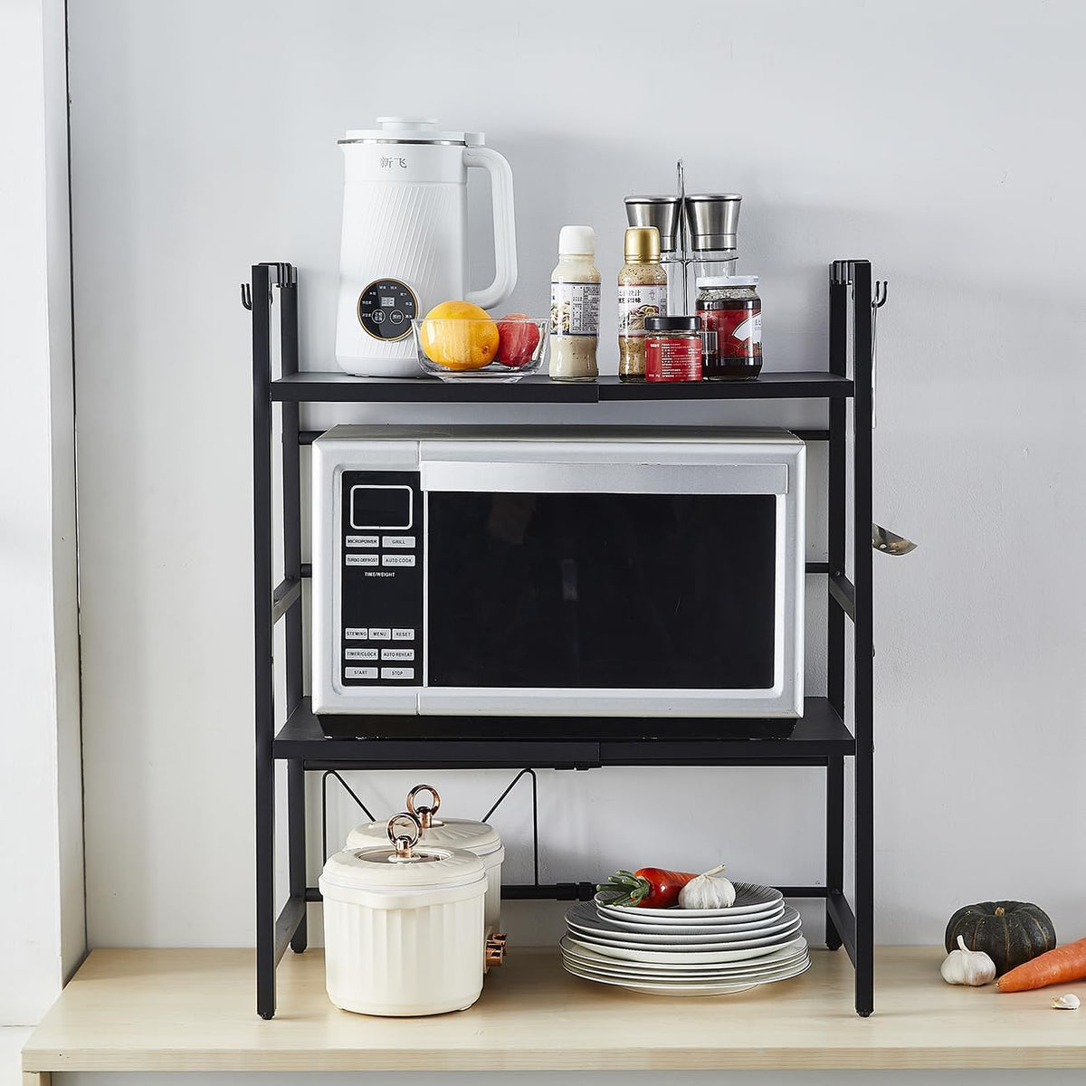 CARLA HOME 3-Tier Microwave Oven Rack with Adjustable Metal Kitchen Shelf Stand for Countertop Storage and 6 Hooks for Utensils