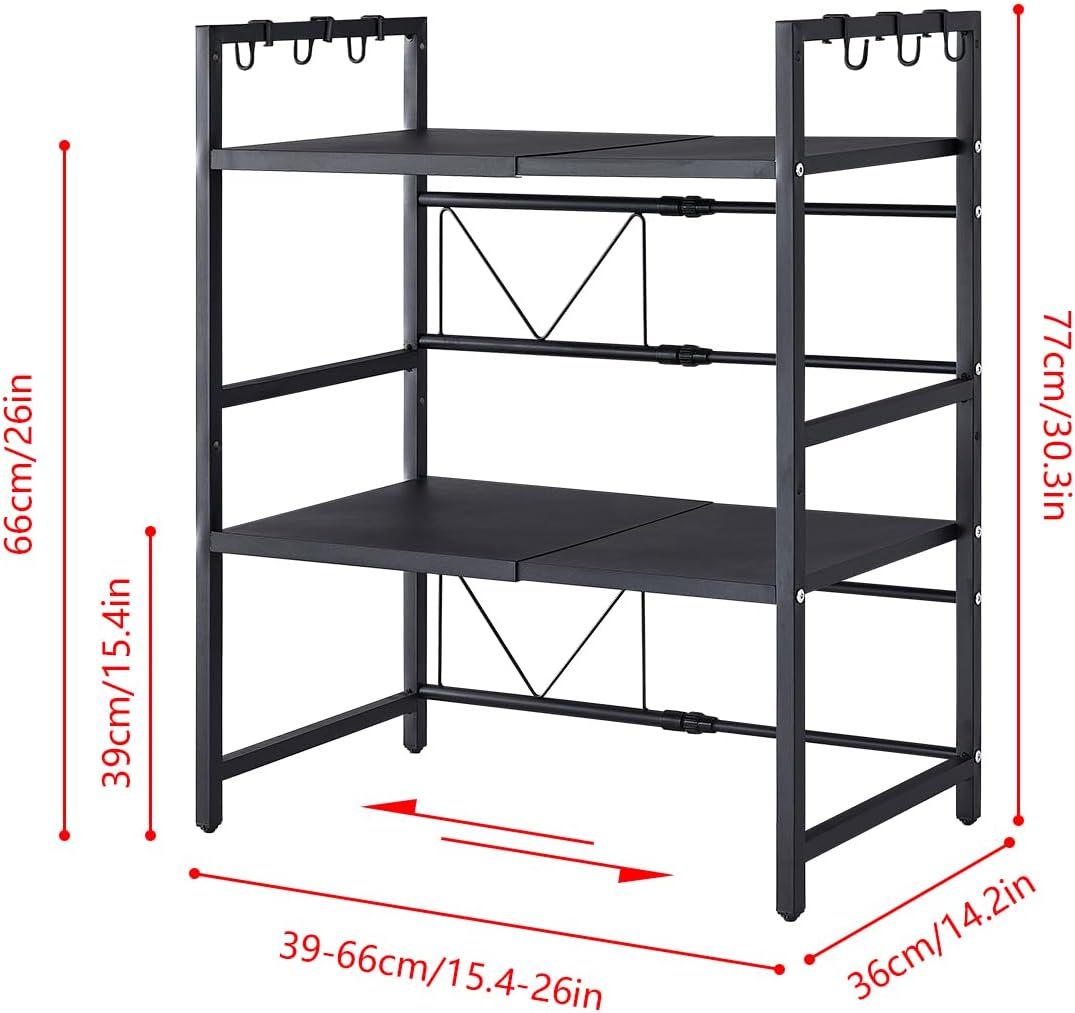 CARLA HOME 3-Tier Microwave Oven Rack with Adjustable Metal Kitchen Shelf Stand for Countertop Storage and 6 Hooks for Utensils