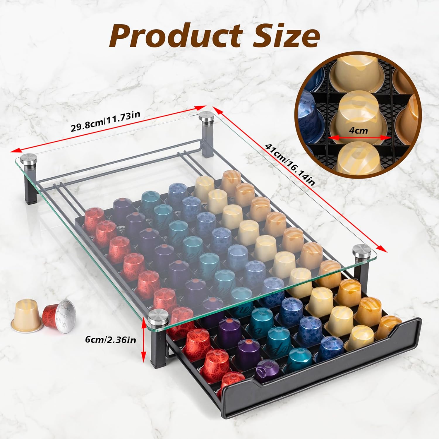 CARLA HOME 60 Coffee Pod Holder Drawer with Tempered Glass Capsule Organizer for Nespresso Pods and Sliding Drawer for Kitchen Countertop