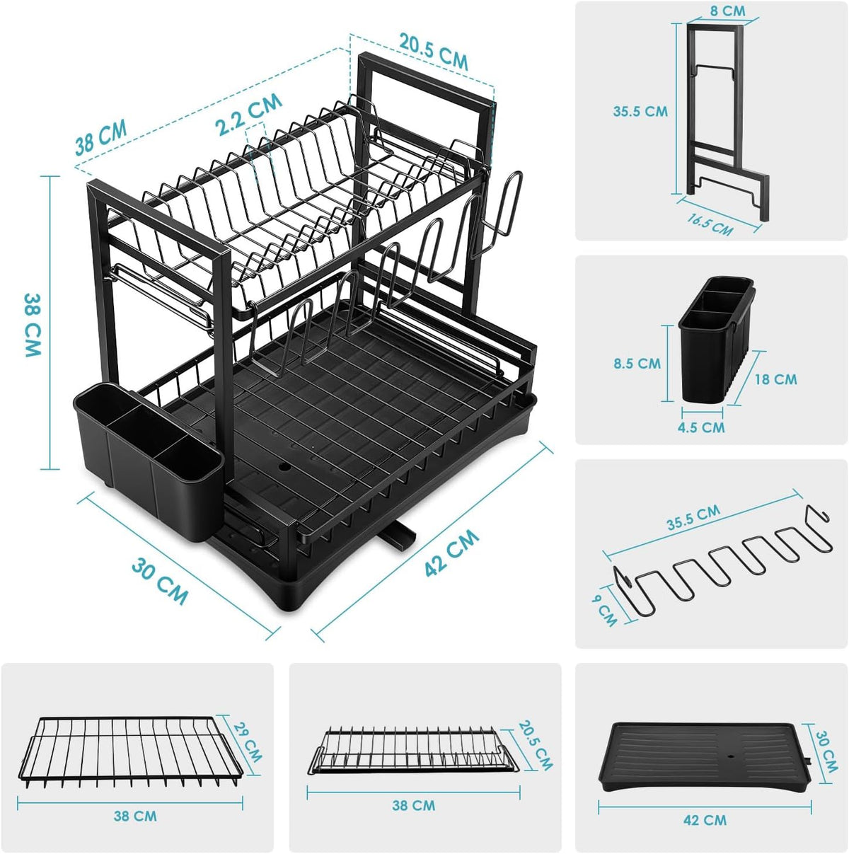 CARLA HOME Dish Drying Rack 2-Tier Kitchen Drainer with Drainboard (White)