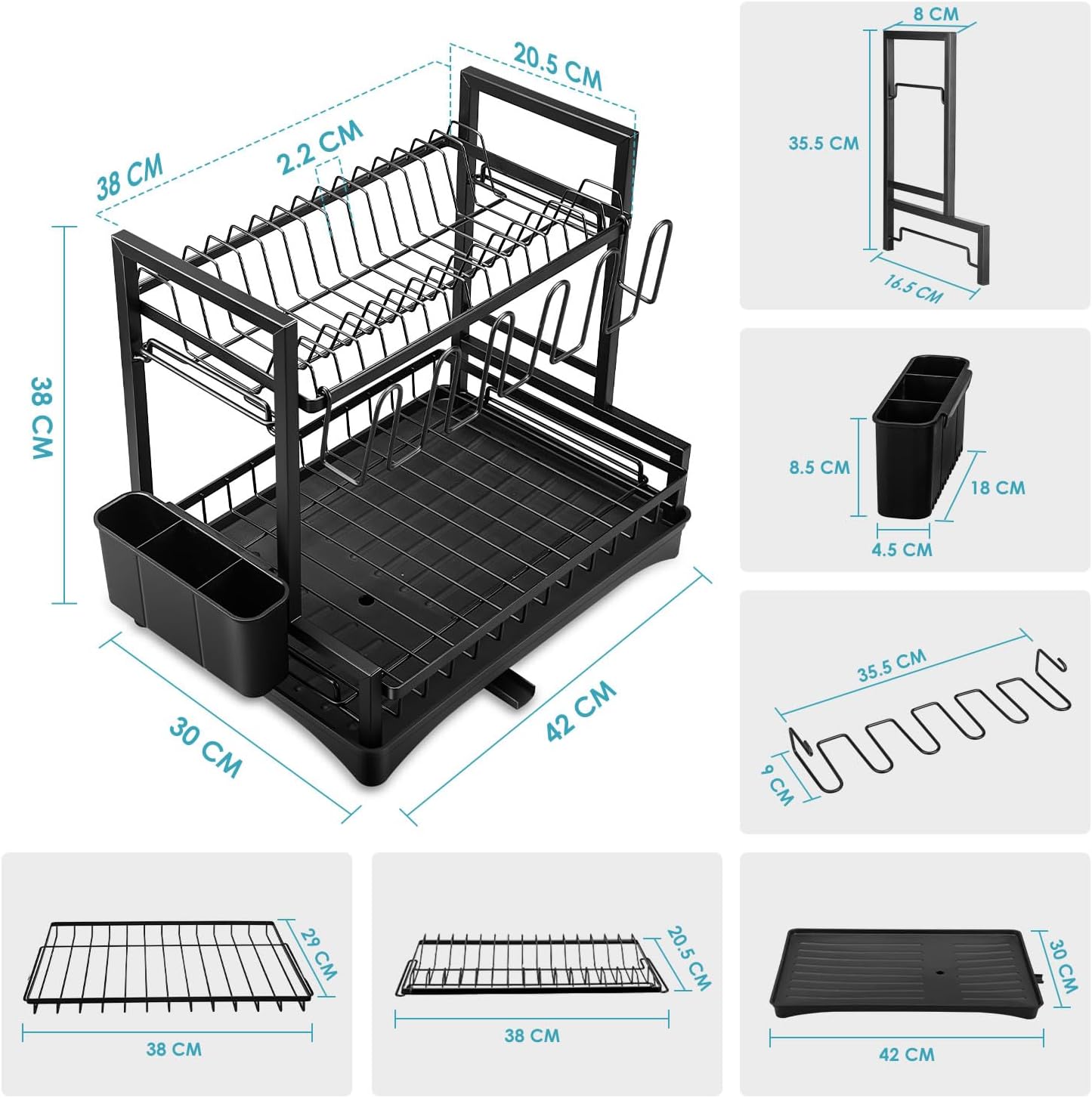 CARLA HOME Dish Drying Rack 2-Tier Kitchen Drainer with Drainboard (White)